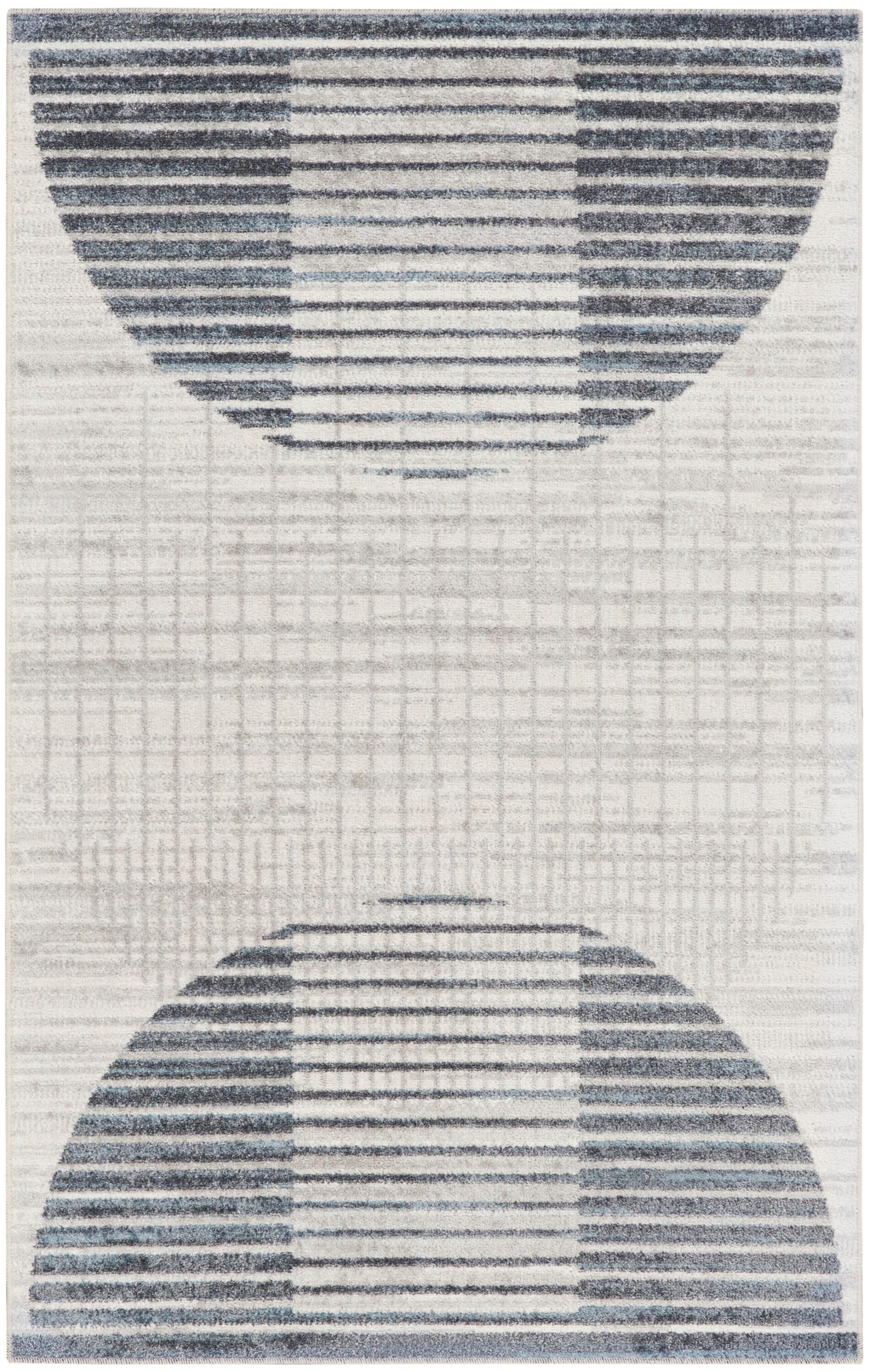 Nourison Astra Machine Washable Semi Circles Mid-Century Modern Indoor Bathroom, Kitchen Area Rug Ivory Blue 3'3" x 5'