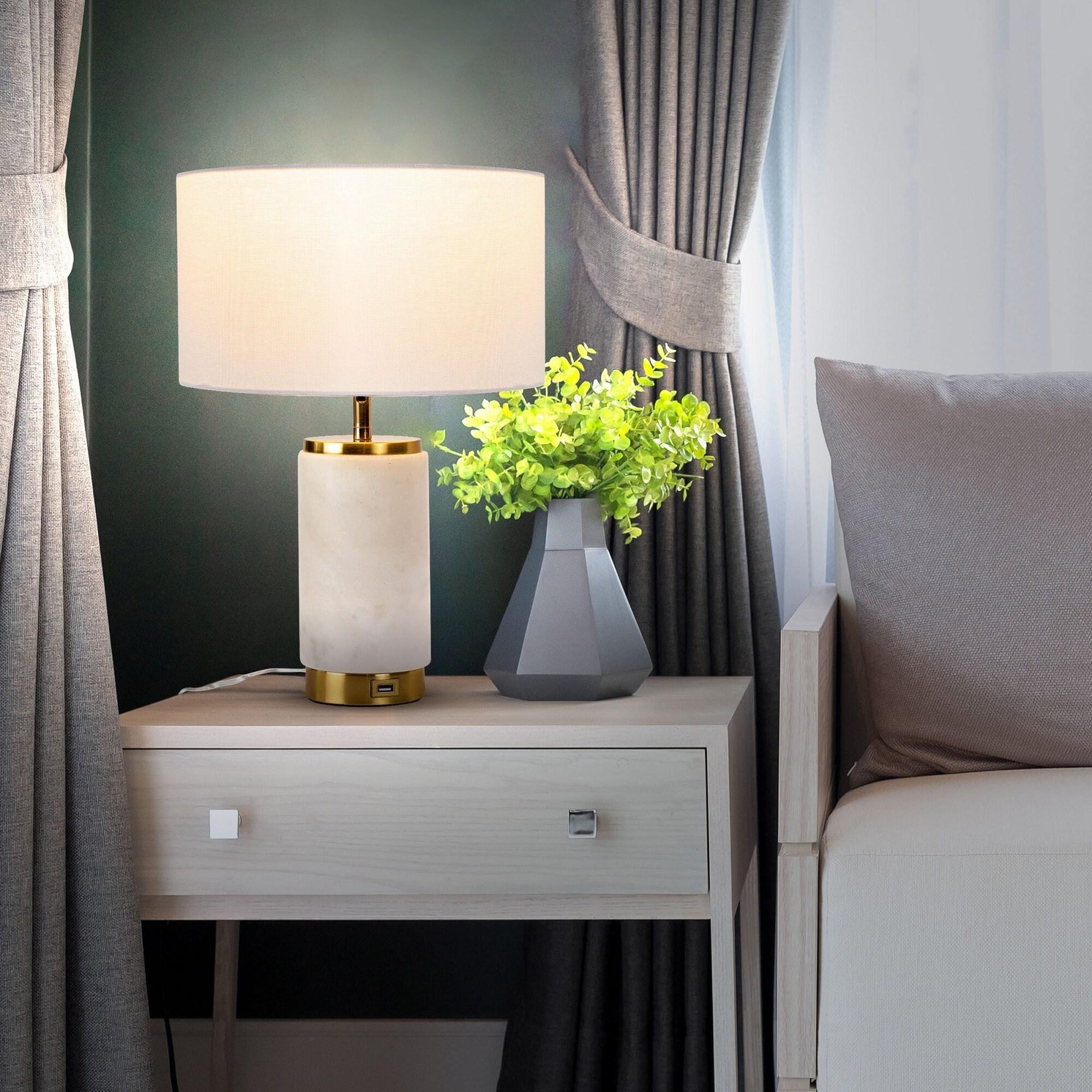 Brightech Arden 17 in. Mid-Century Modern LED Table Lamp with Fabric Drum Shade and USB Port