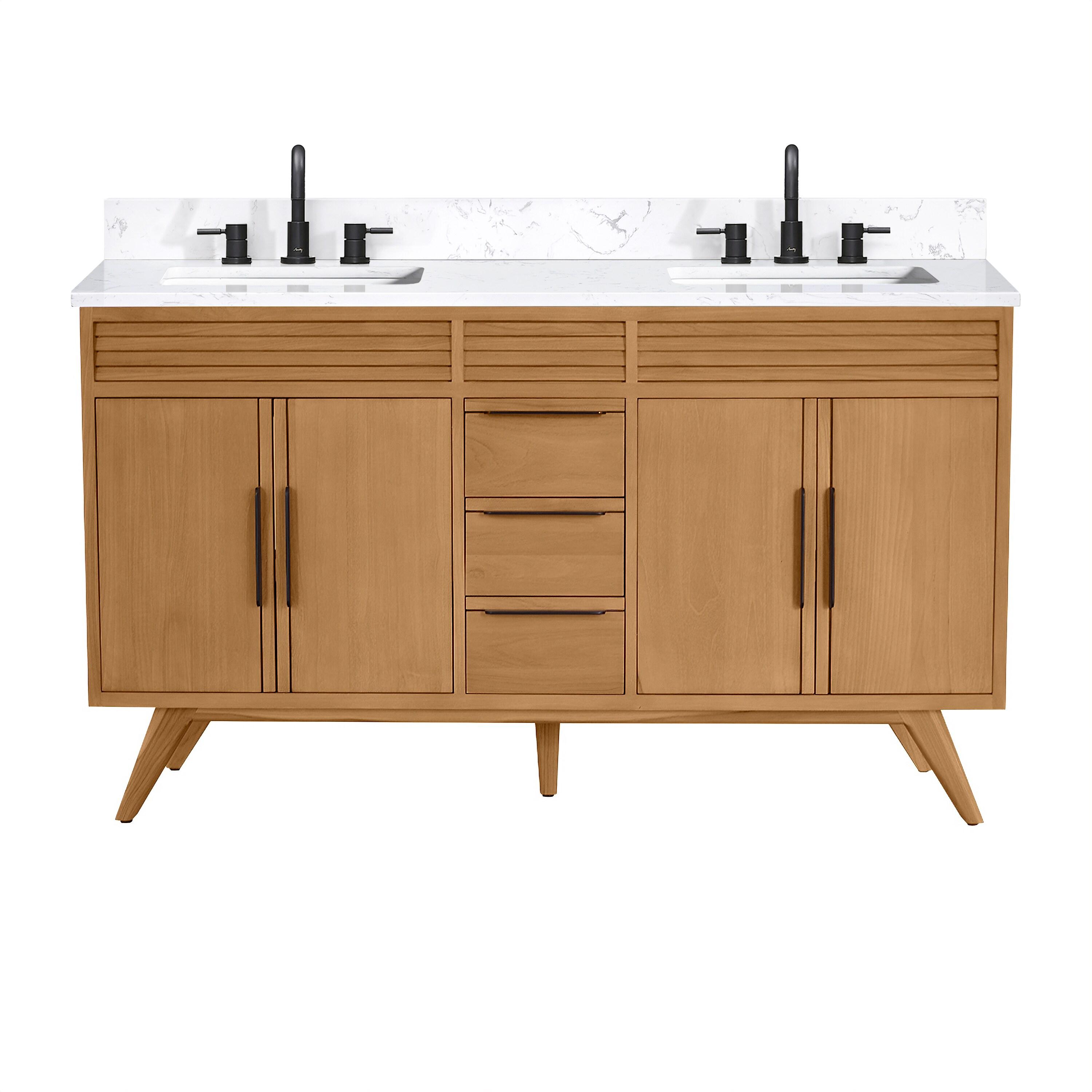 Taylor 61 in. Double Sink Bath Vanity in Natural Teak with Cala White Engineered Stone Top