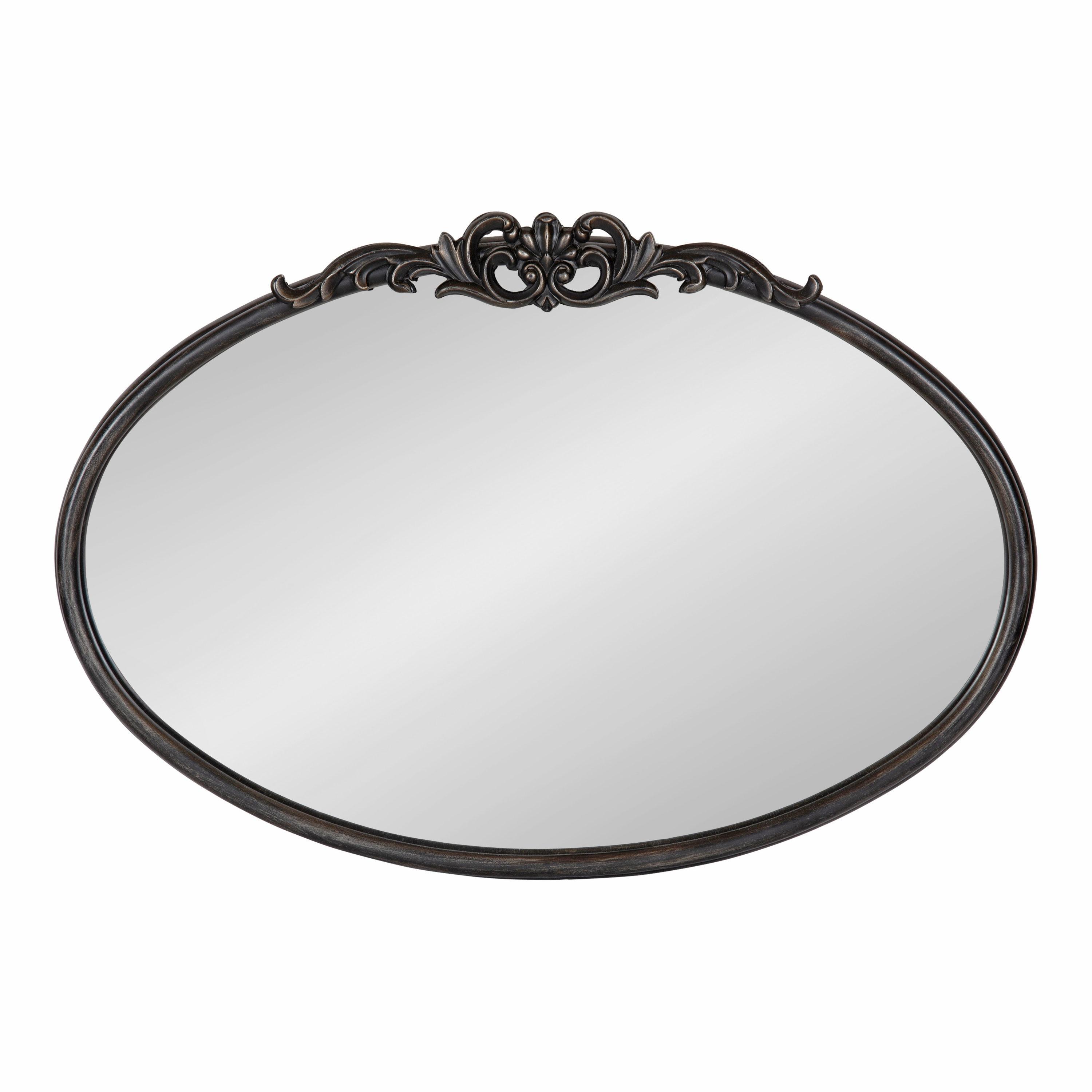 Black Oval Wood Wall Mirror with Intricate Overlay
