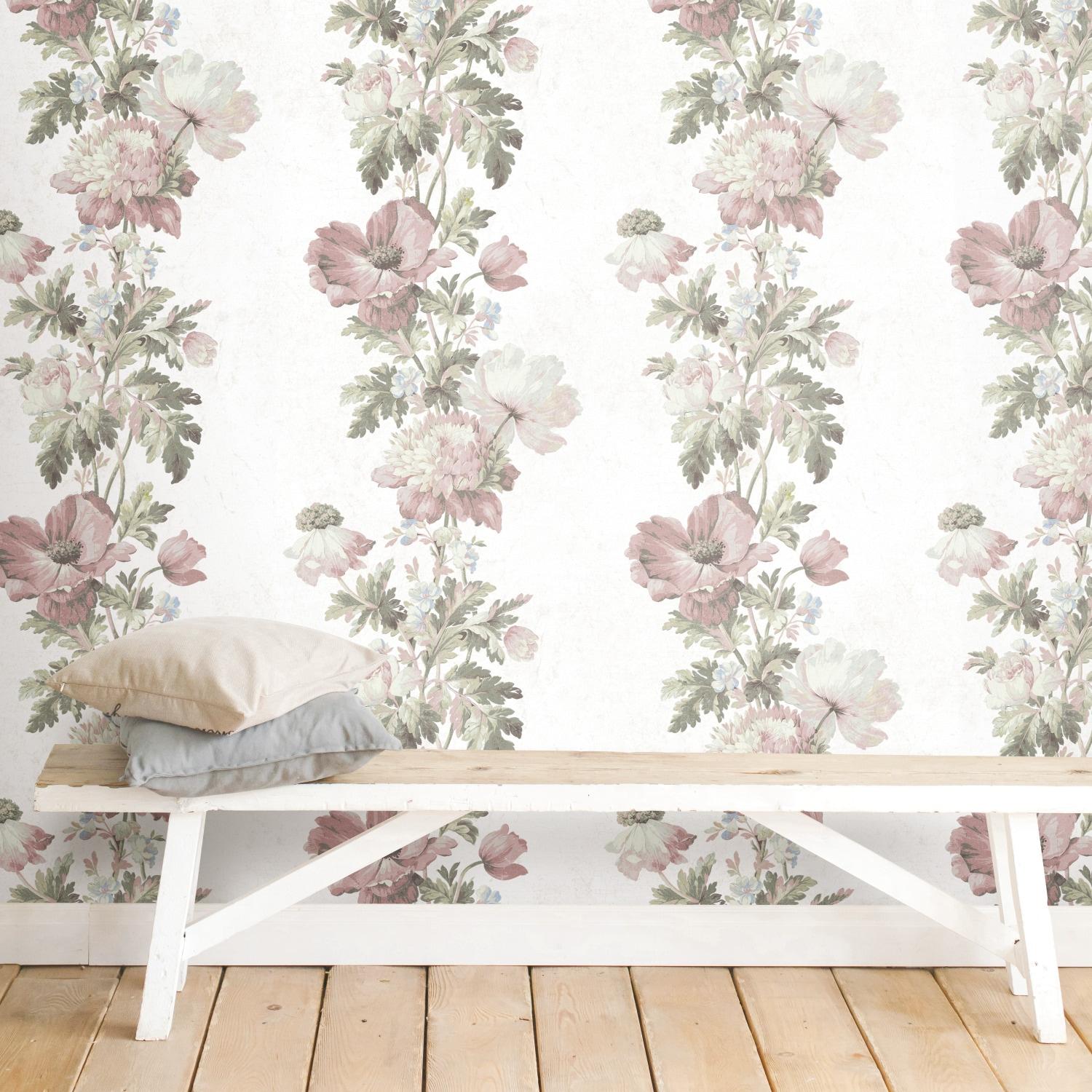RoomMates Vintage Floral Stripe Peel and Stick Wallpaper Pink: Self-Adhesive Vinyl, Botanical Pattern, 28.3 Sq Ft Coverage