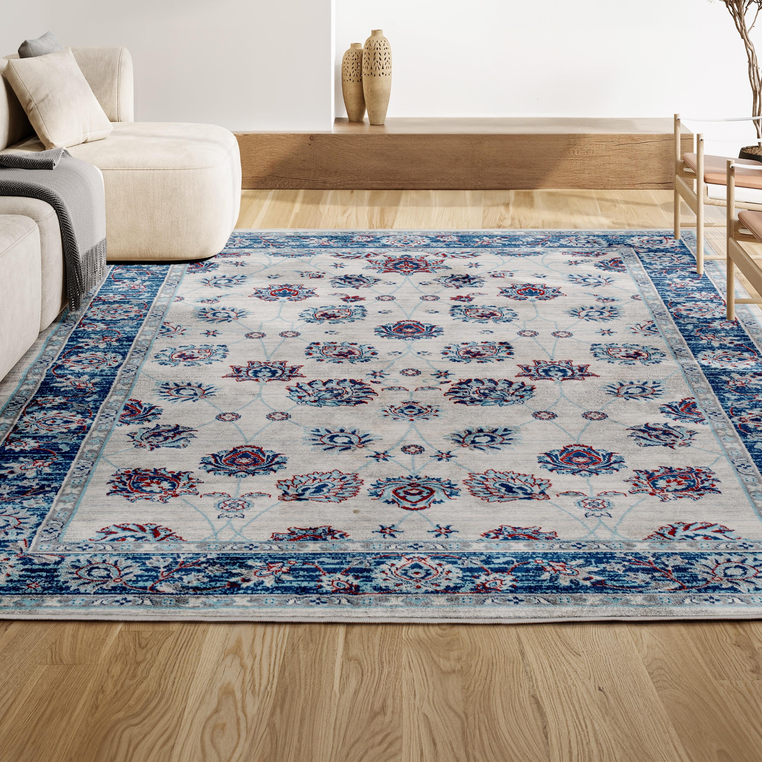 5' X 8' Modern Persian Vintage Moroccan Traditional Area Rug, Blue/Ivory/Red - JONATHAN Y