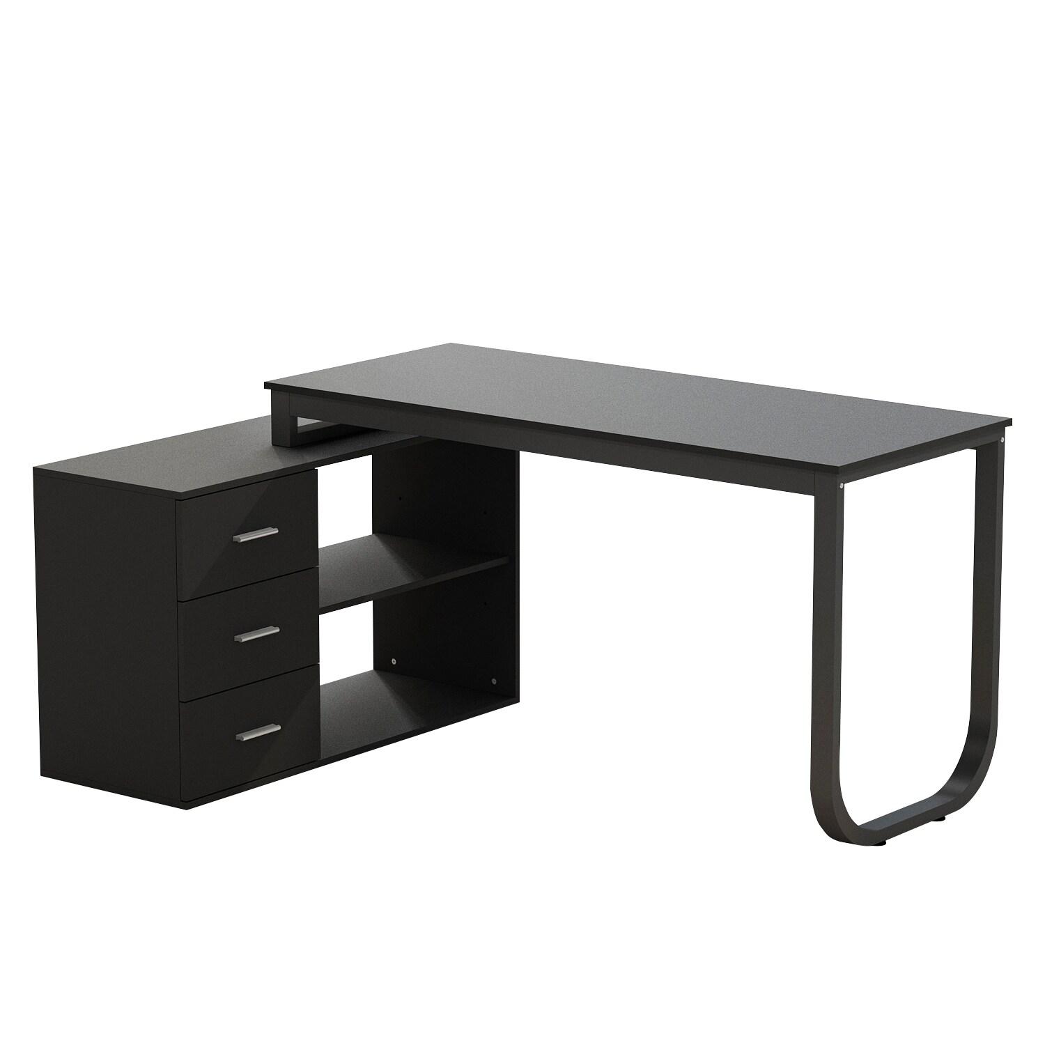 KULAGAGA L Shaped Computer Desk Corner Writing Workstation Table with Cabinet Drawer Storage for Home Office Study, Black