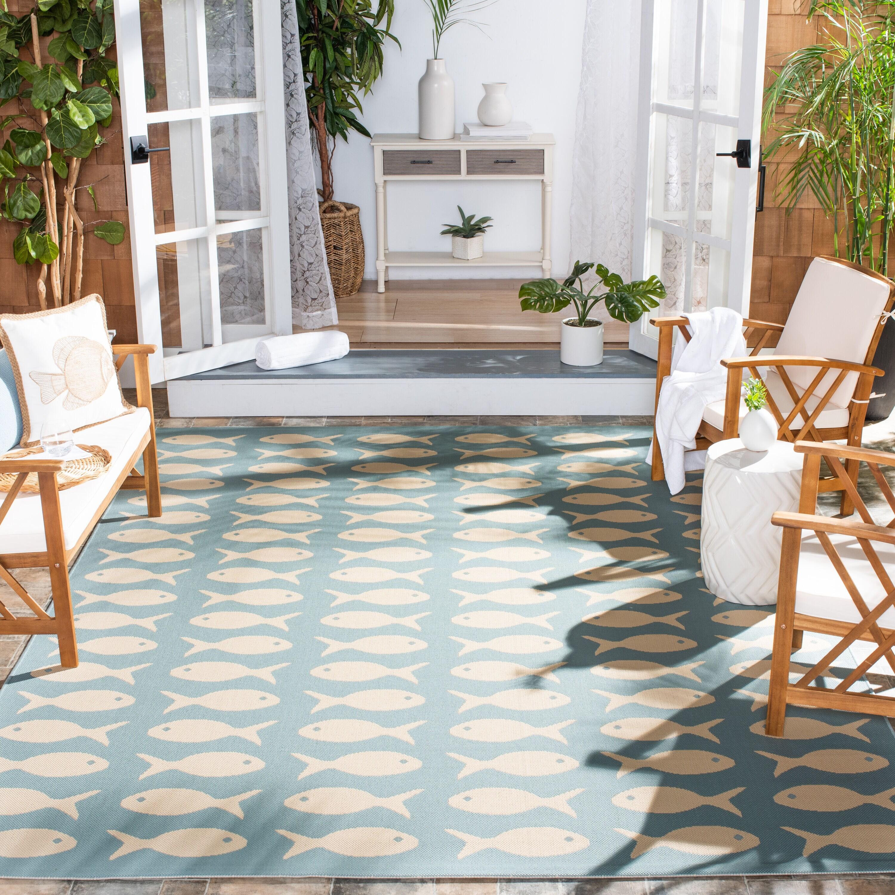 Courtyard CY6013 Power Loomed Indoor and Outdoor Area Rug - Aqua/Beige - 5'3"x5'3" - Safavieh