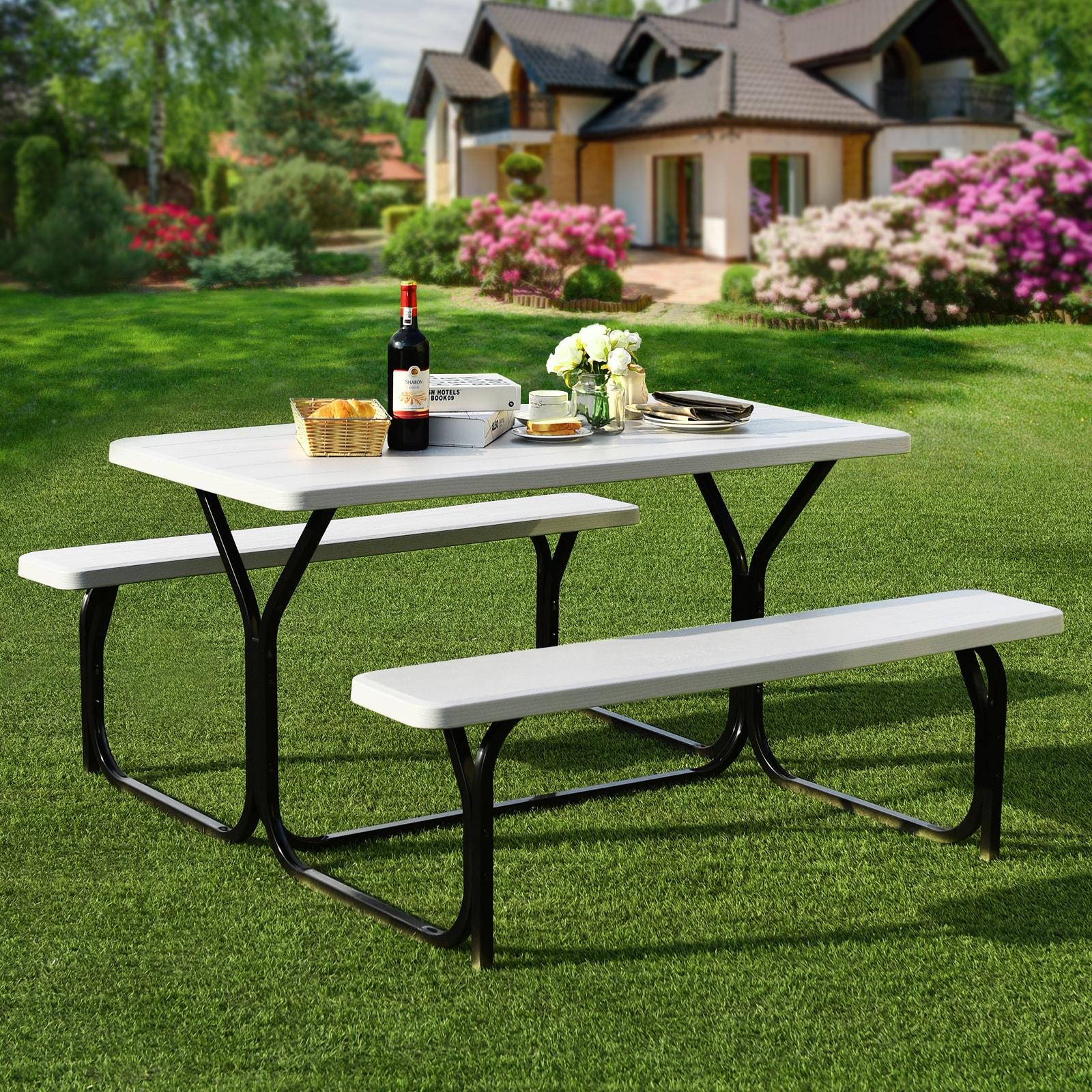 Tangkula Outdoor Picnic Table Bench Set Patio Camping Table w/Steel Frame & Wood Texture Tabletop for Garden White