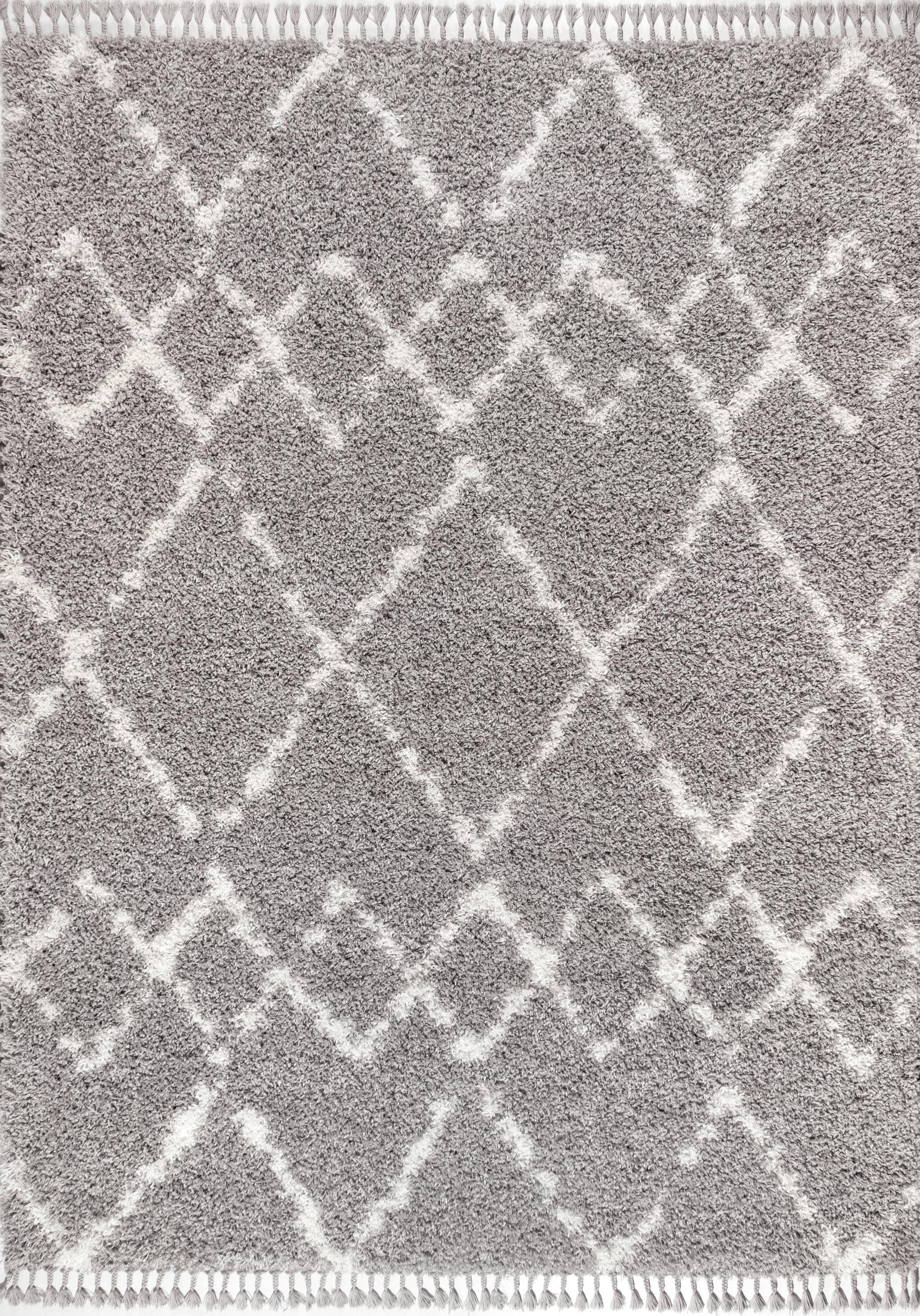 3'x5' Mercer Shag Plush Tassel Moroccan Geometric Trellis Area Rug, Grey/Cream - JONATHAN Y