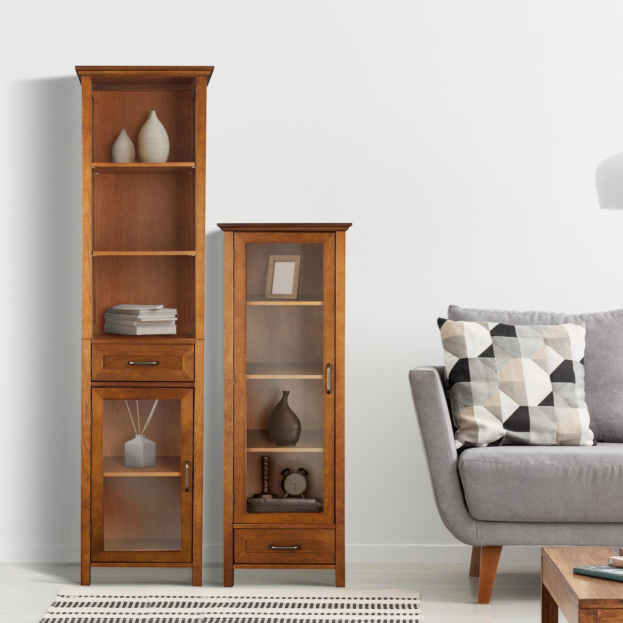 Oak Finish Bathroom Linen Tower Storage Cabinet with Shelves