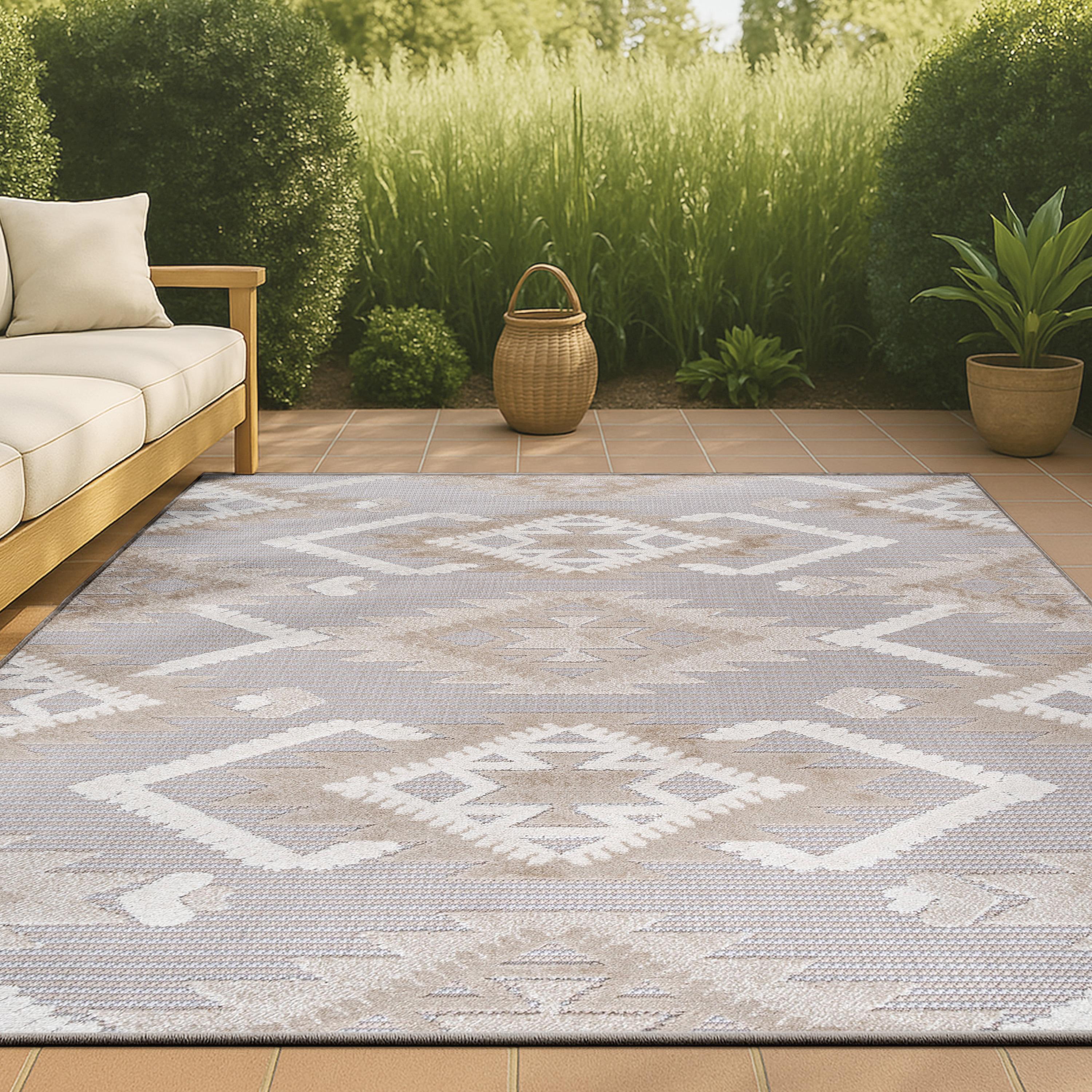 3'x5' Sumak High-Low Pile Neutral Diamond Kilim Indoor/Outdoor Area Rug, Beige/Gray - JONATHAN Y