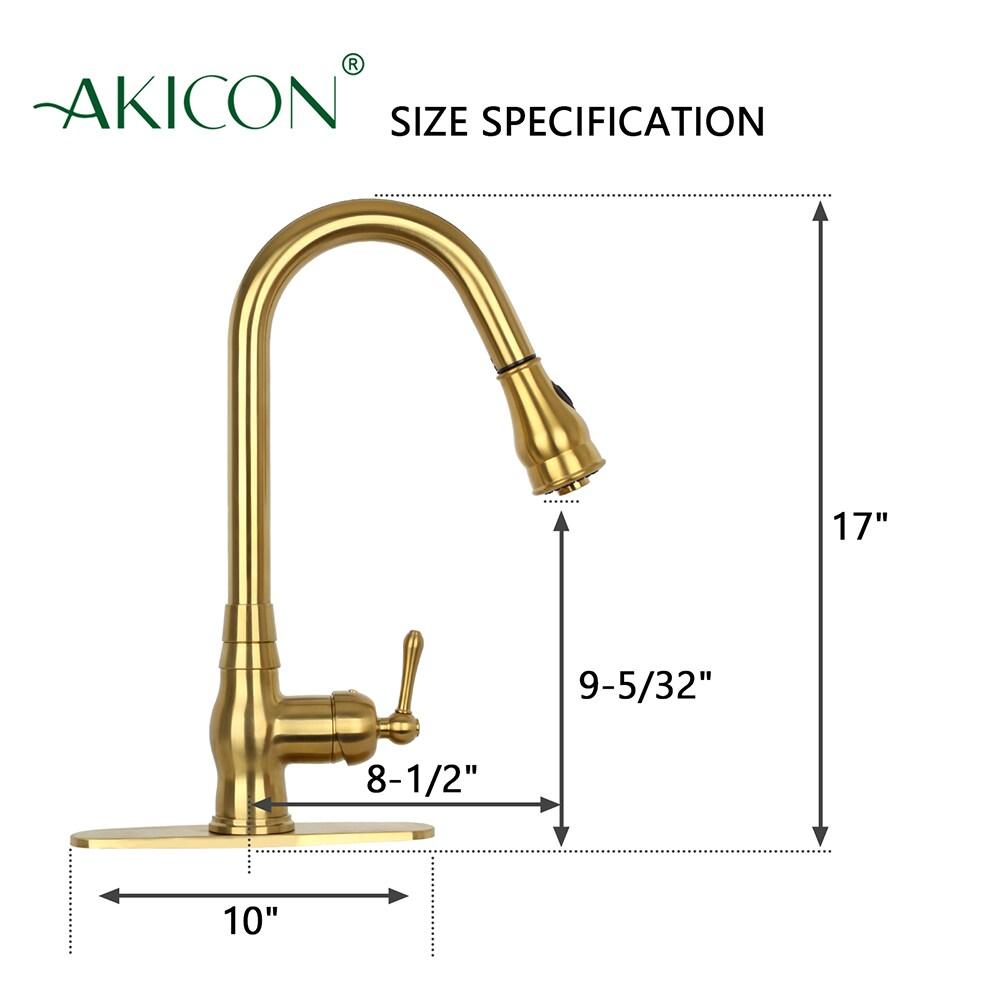 Akicon One-Handle Pull-Down Kitchen Faucet Single Level Solid Brass Kitchen Sink Faucet with Deck Plate (Brushed Gold)