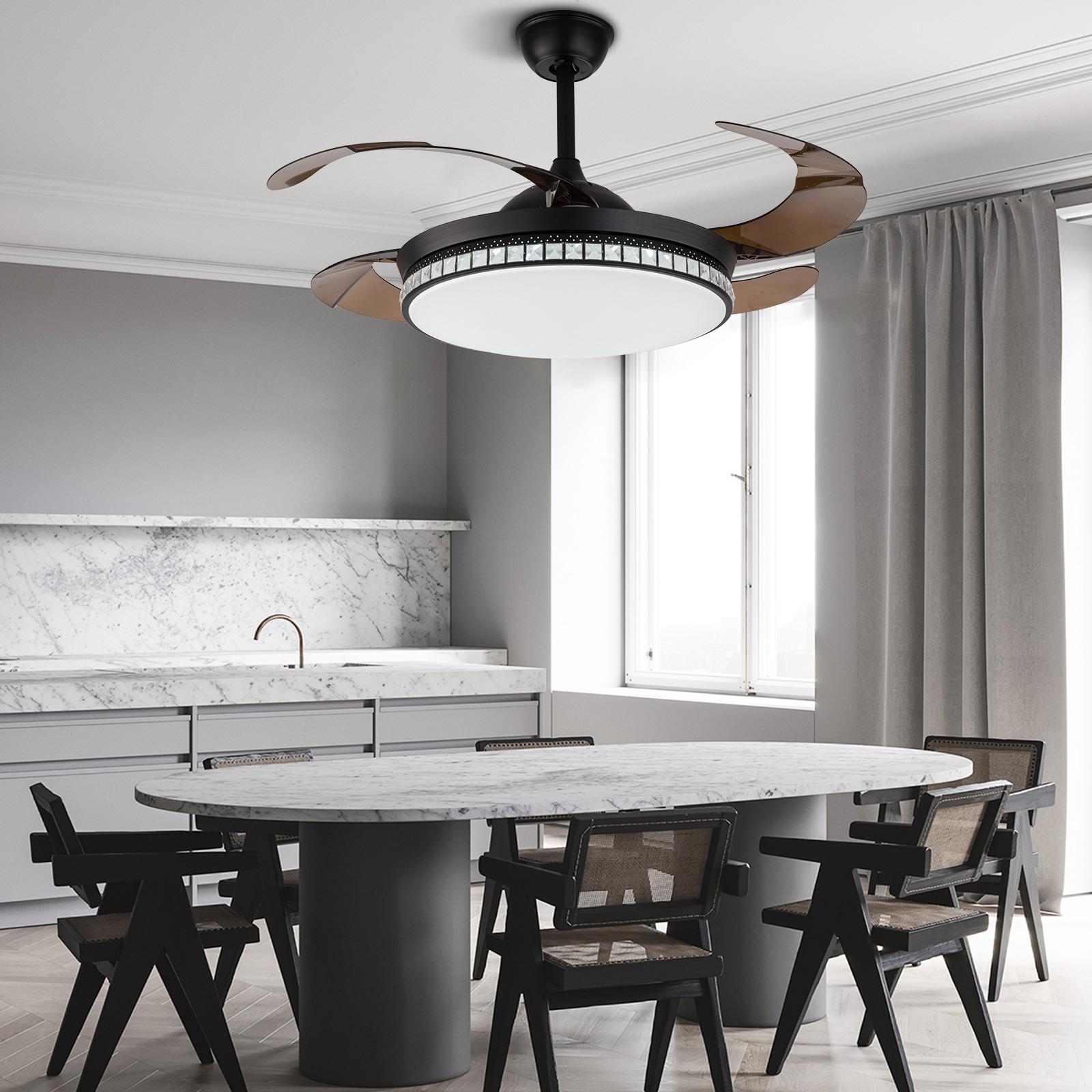 42 inch Modern Ceiling Fan with Light Remote Contro, 4-Blades Retractable LED Chandelier Fan Ceiling Light Fixture for Dining Room Living Room Black