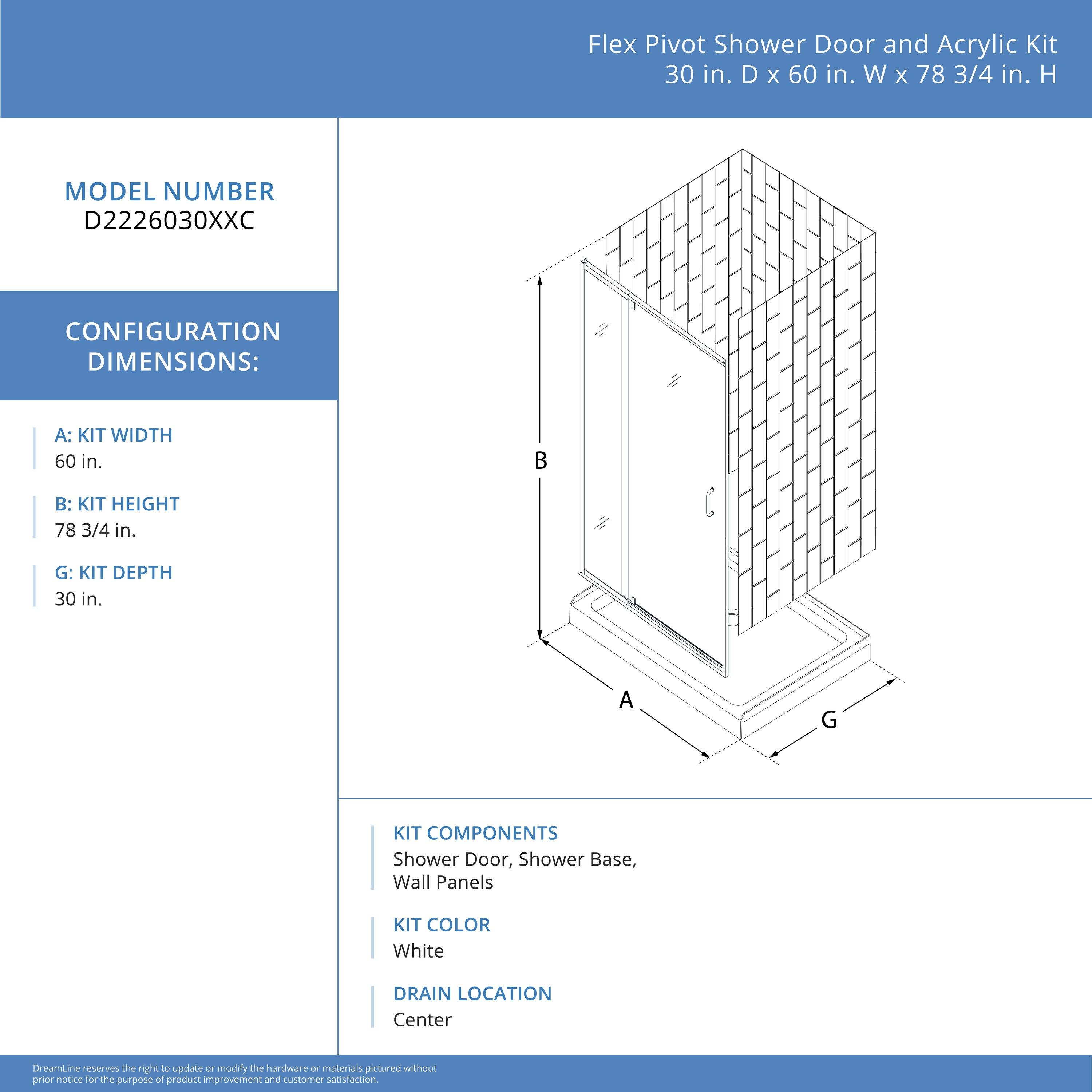 Flex 60" W x 30" D x 78" H Semi-Frameless Square Tub Enclosure with Fixed Panel and Base Included