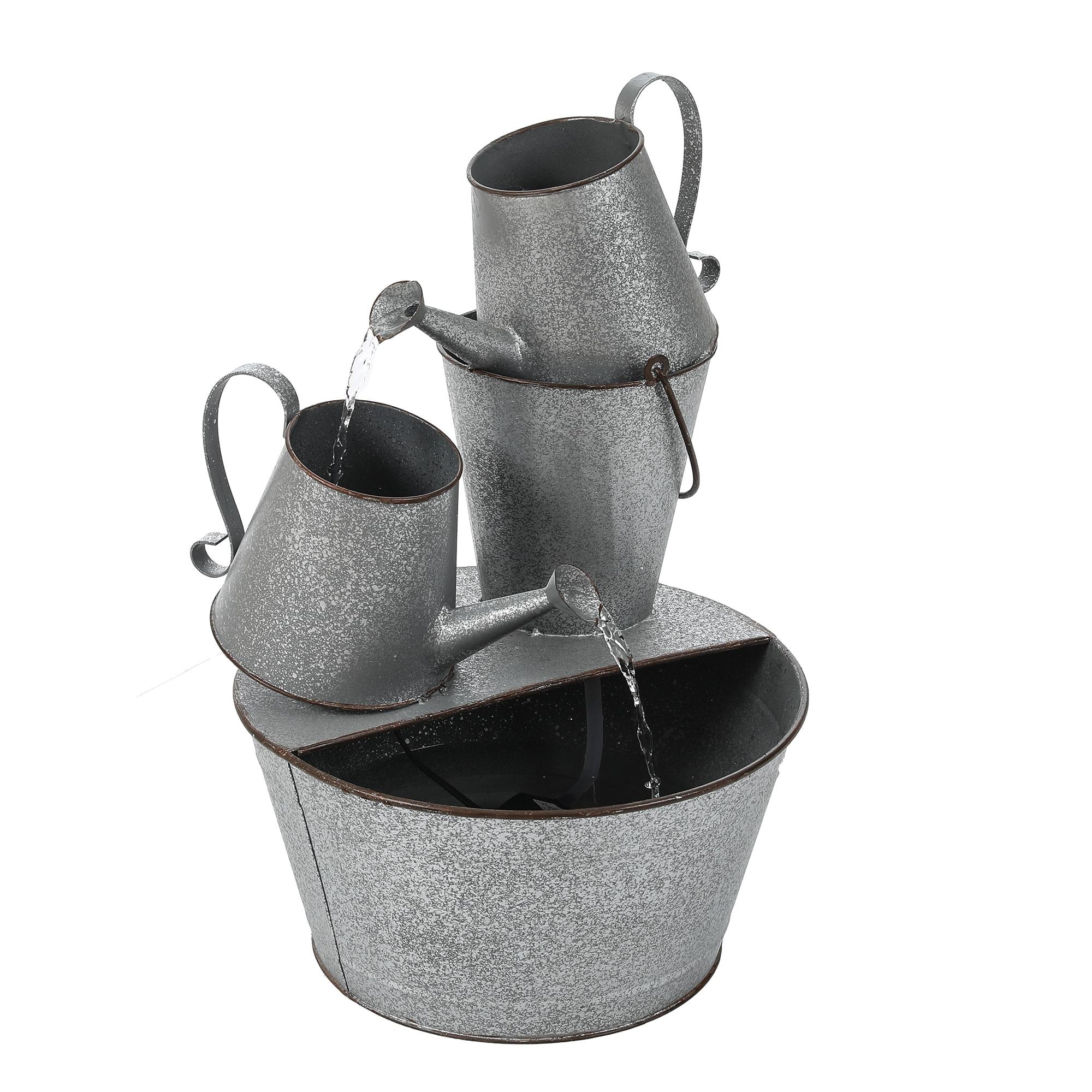 LuxenHome Farmhouse Rustic Metal Pitcher Outdoor Fountain Silver