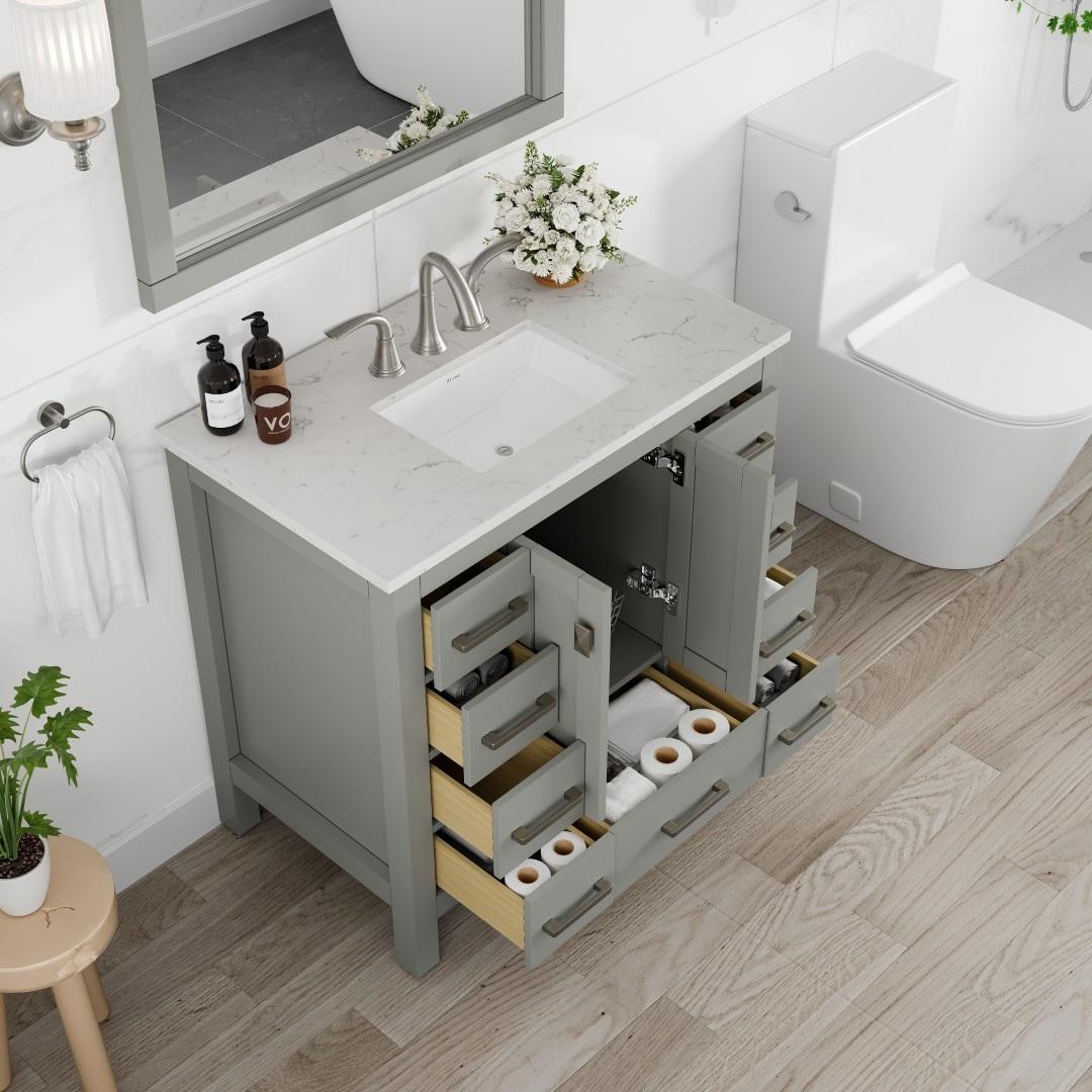 Eviva Hampton 36" Gray Transitional Bathroom Vanity w/ White Carrara Top