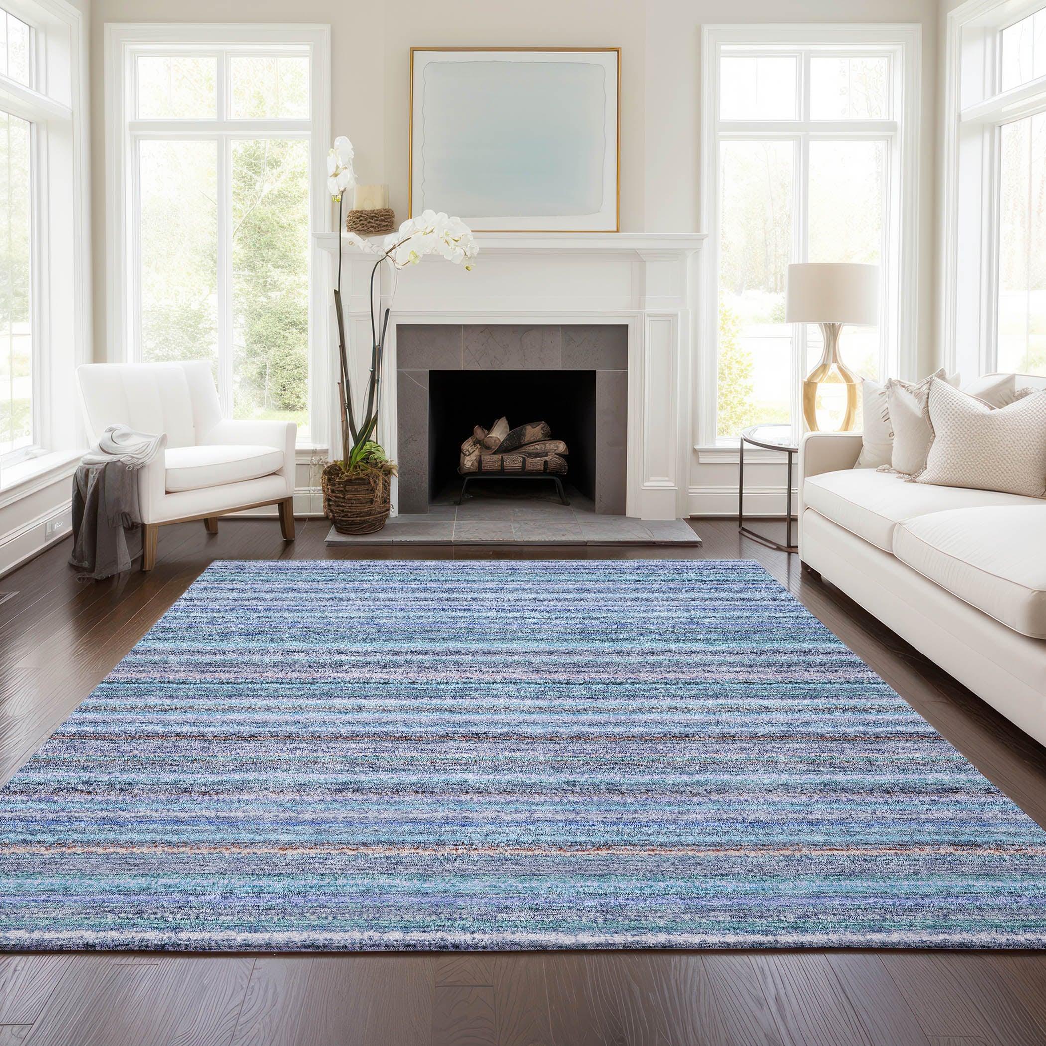 Sky Blue Striped Synthetic Washable Reversible Rug 3' x 5'