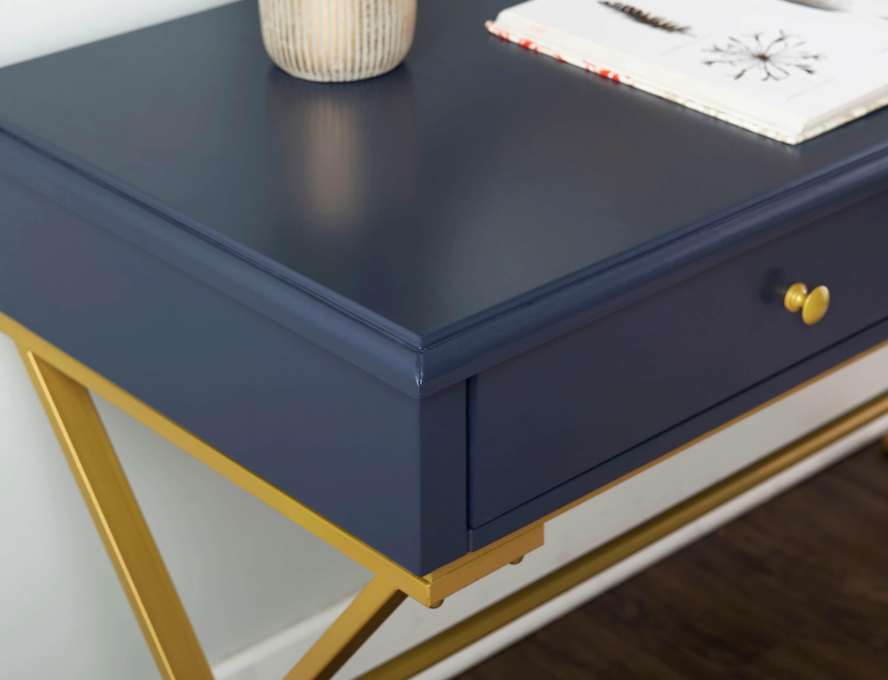 Campaign 2 Drawer Desk Blue/Gold - Linon: Matte Gold Legs, MDF, Metal Hardware