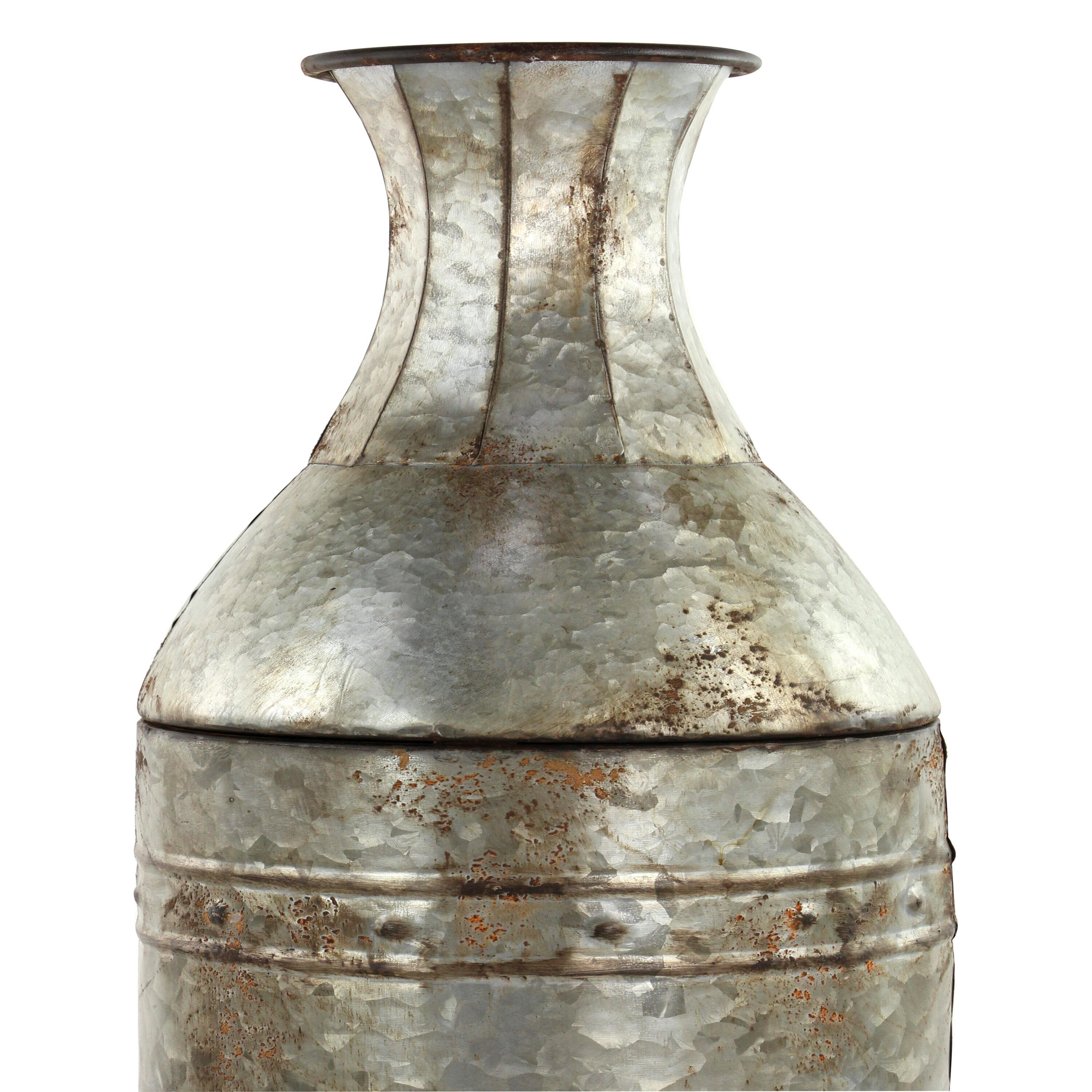 DecMode Farmhouse Cylinder Shape Extra Large Silver Distressed Metal Floor Vases, Set of 3, 43", 33", 25"H