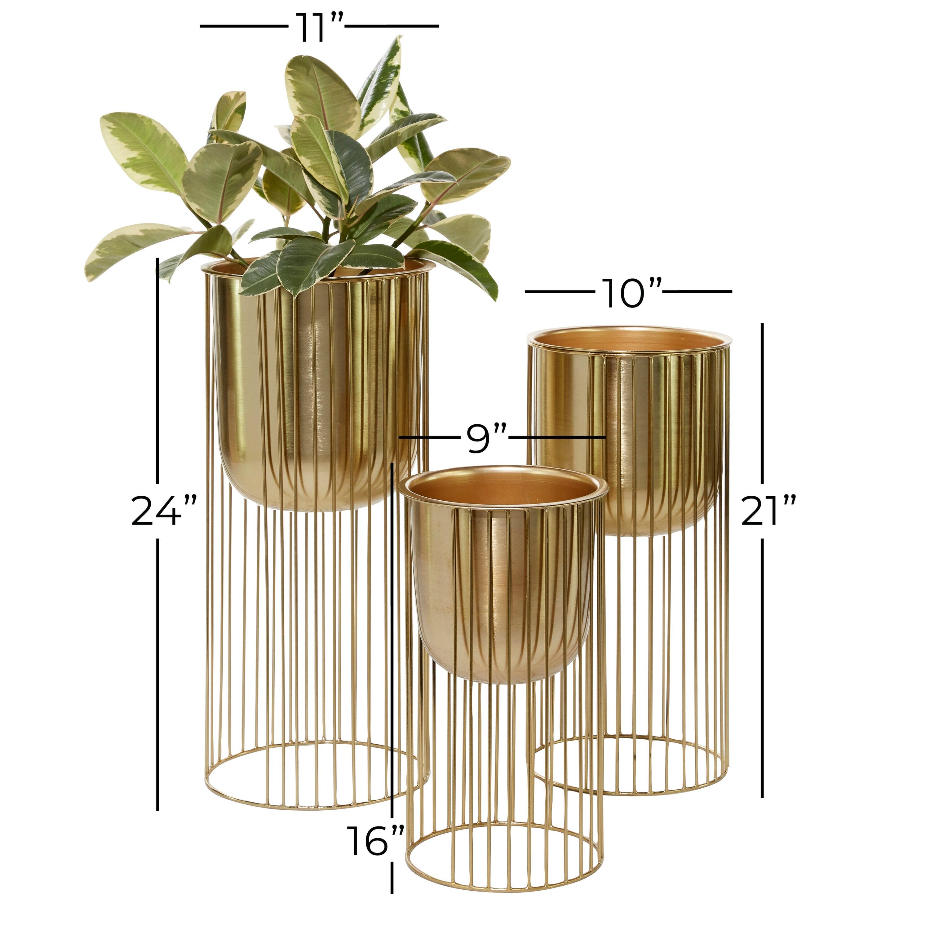 DecMode 24", 20", 16"H Deep Recessed Dome Gold Metal Planter with Elevated Caged Stand (3 Count)