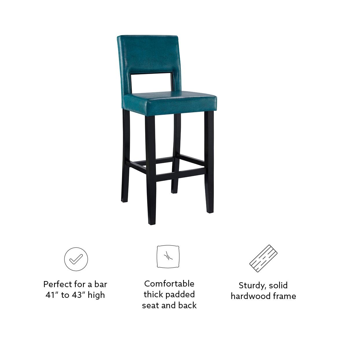 30" Vega Padded Back and Seat Faux Leather Barstool Blue - Linon: Upholstered, Rubberwood Legs, Fixed Height