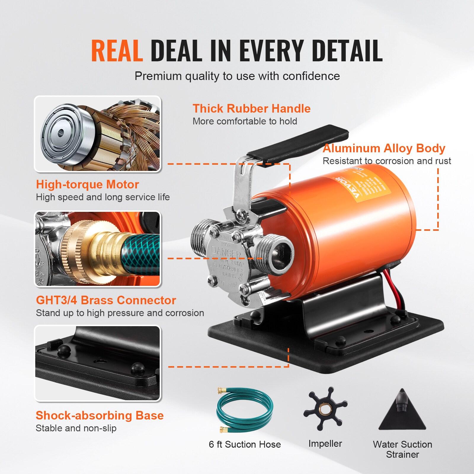 VEVOR Water Transfer Pump, 12V DC 360 GPH 1/10HP, Portable Electric Utility Pump with 6 ft Suction Hose Kit, Impeller, Suction Strainer, for Garden, Rain Barrel, Pool, Hot Tub, Aquarium Draining