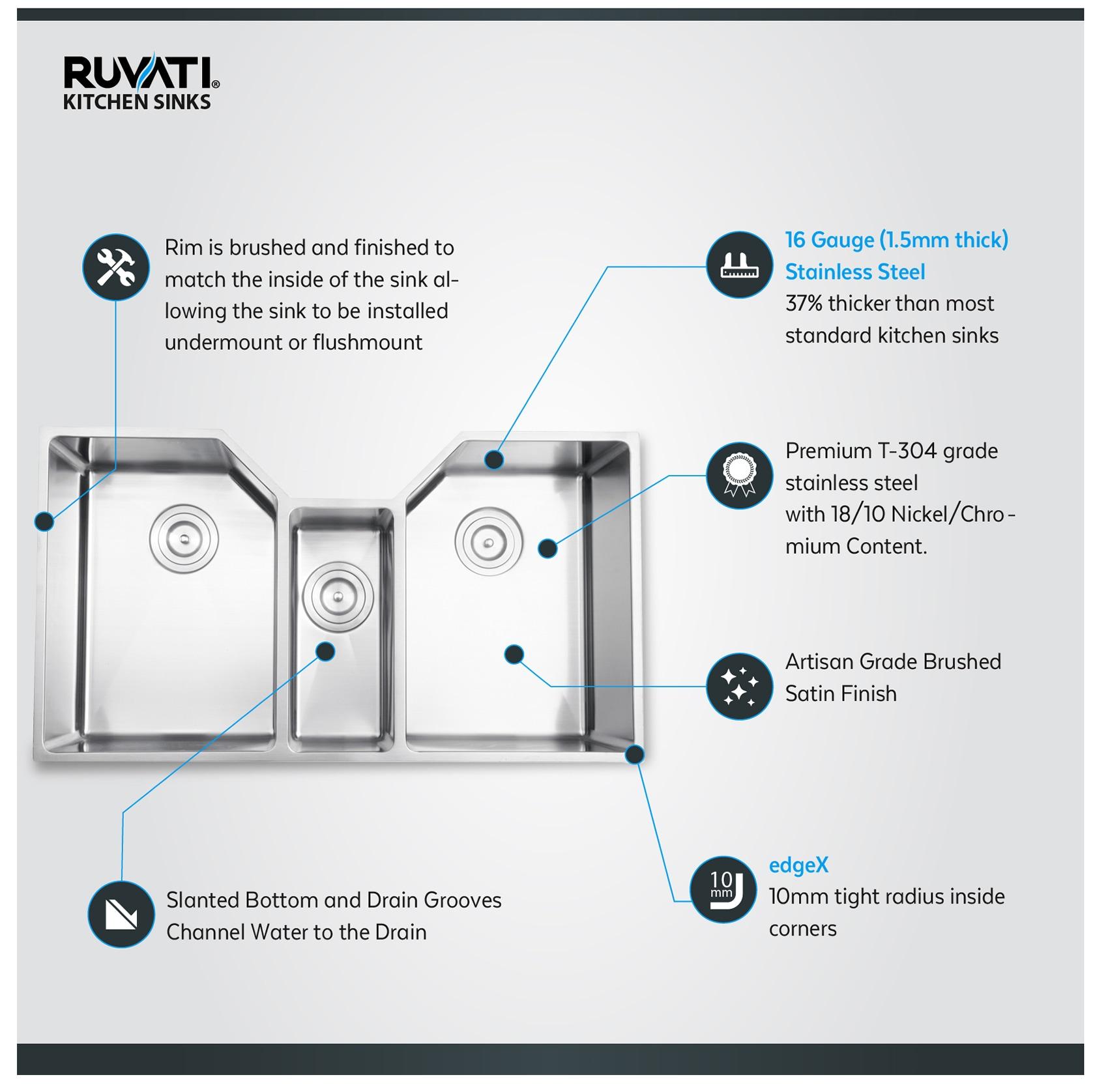 Ruvati 35" Triple Bowl Undermount 16 Gauge Stainless Steel Kitchen Sink