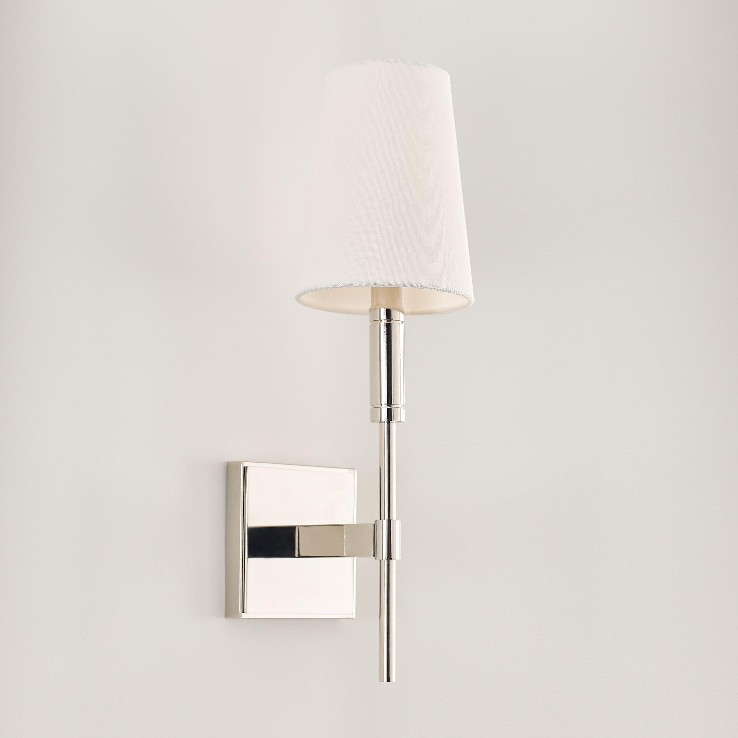 Polished Nickel 1-Light Wall Sconce with White Linen Shade