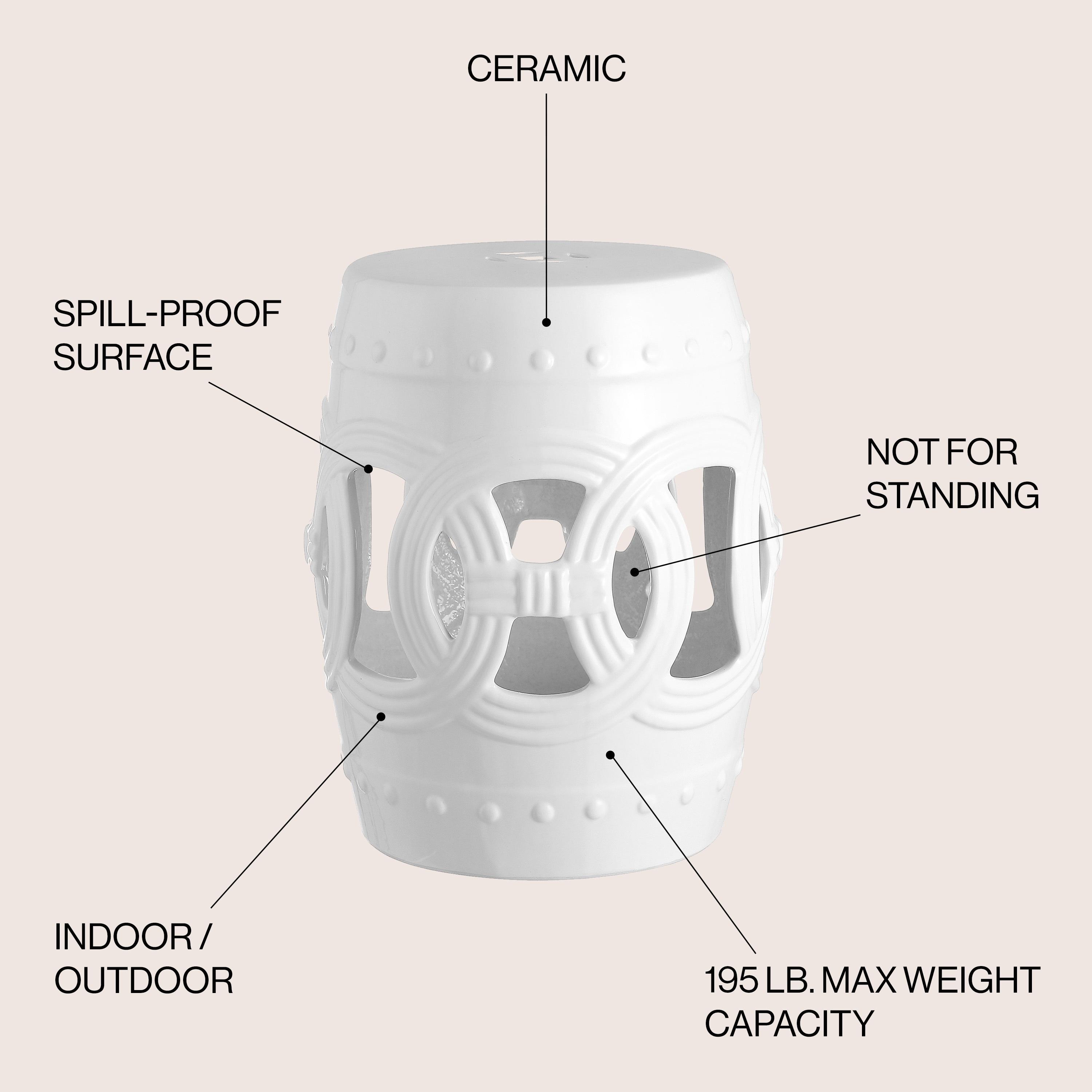 Lucky Coins 16" Eastern-Inspired Ceramic Drum Garden Stool, White - JONATHAN Y