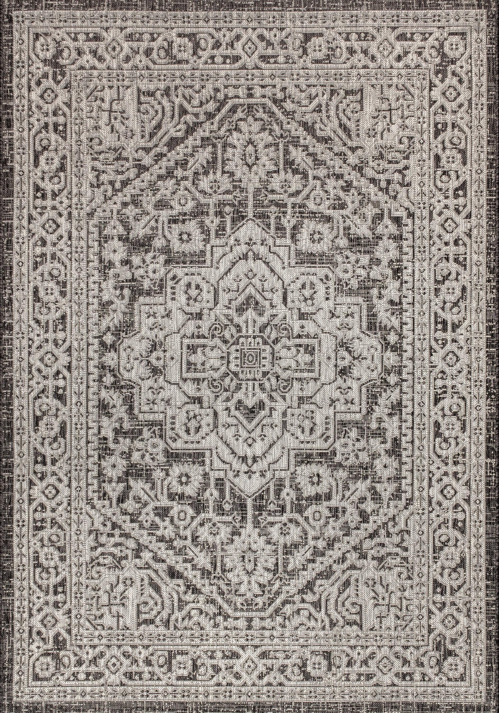 3'x5' Sinjuri Medallion Textured Weave Indoor/Outdoor Area Rug, Gray/Black - JONATHAN Y