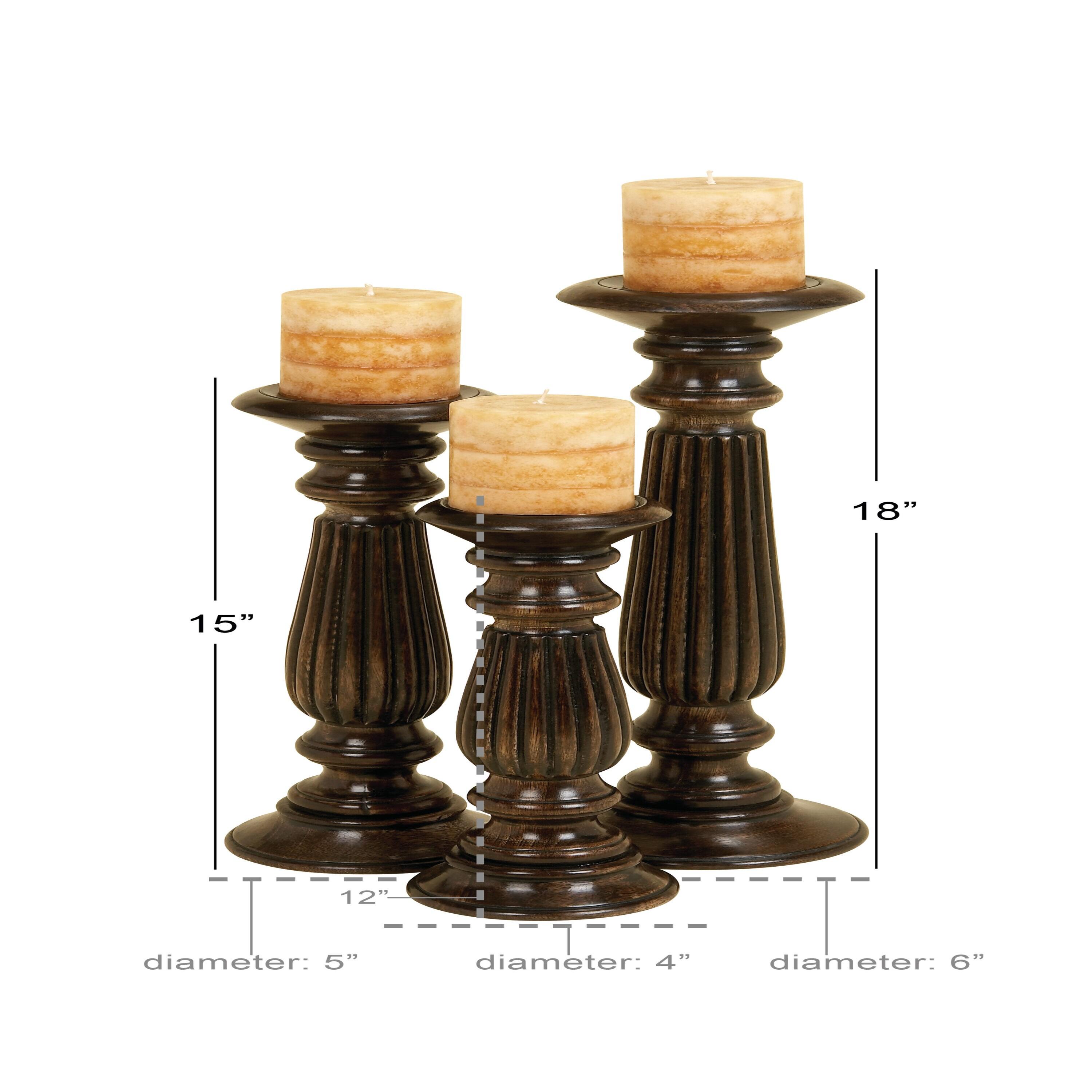 Olivia & May Traditional Candle Holder Set of 3 - Brown : Mango Wood, Elegant Tabletop Decor