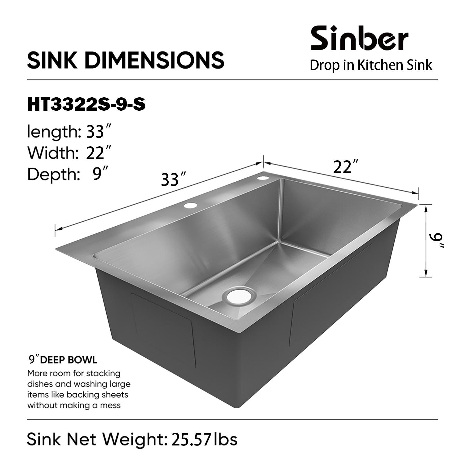 Sinber 33" x 22" Drop In Single Bowl Kitchen Sink with 18 Gauge 304 Stainless Steel Finish