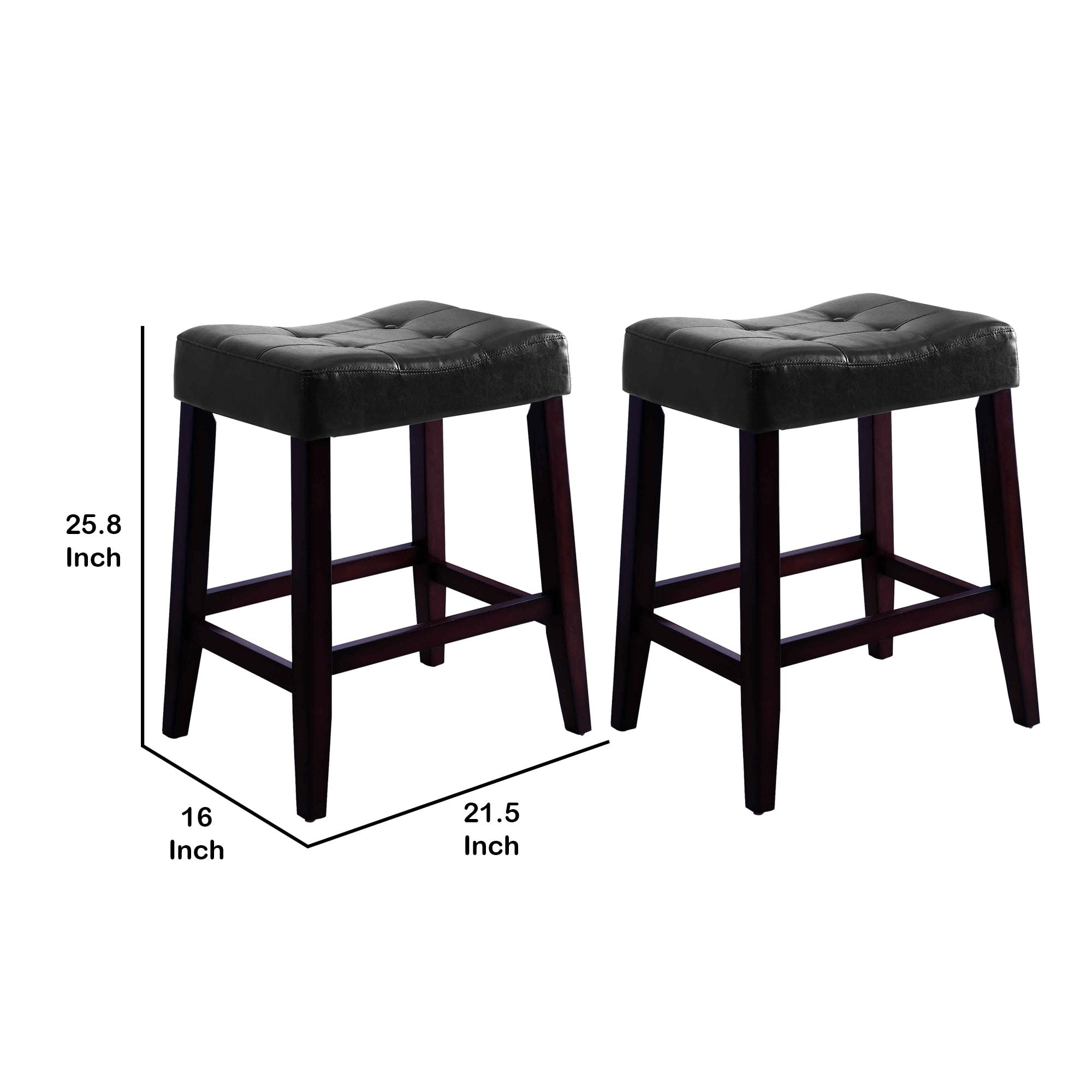 Wooden Stools with Saddle Seat & Button Tufts, Black & Brown - Set of 2