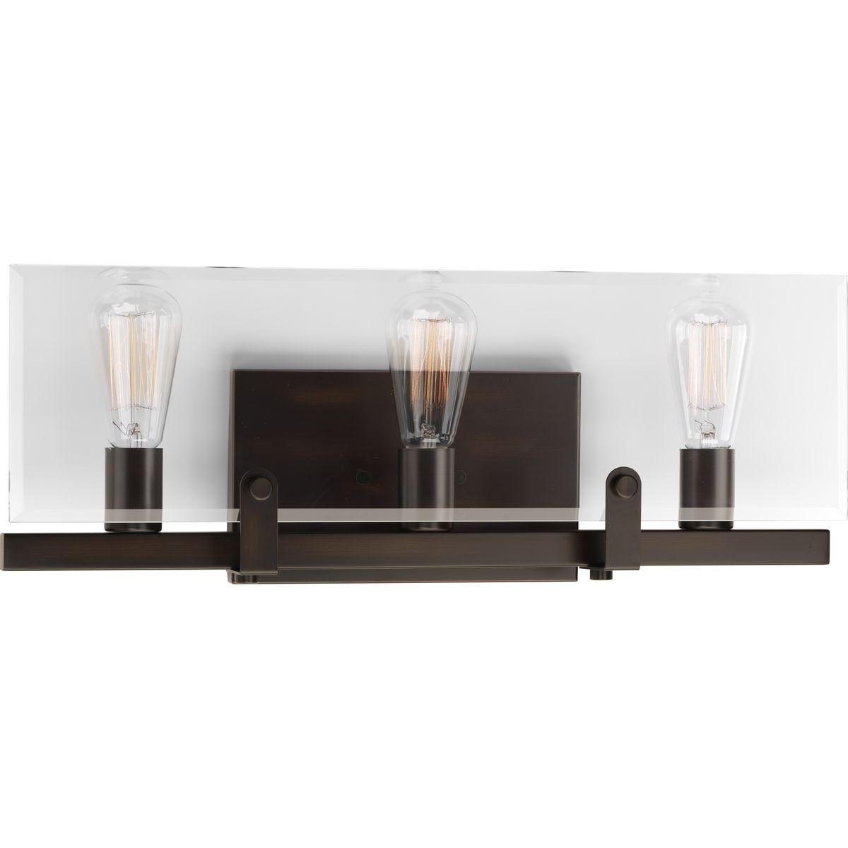 Progress Lighting Glayse 3-Light Bath Vanity, Antique Bronze, Beveled Glass Shade