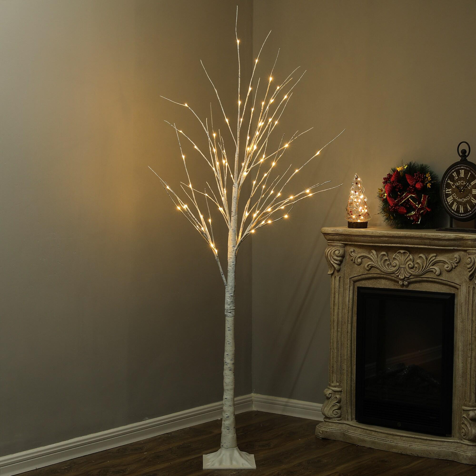 LuxenHome Lighted LED 5.9Ft White Birch Twig Tree Decoration, Artificial Birch Tree with Metal Base