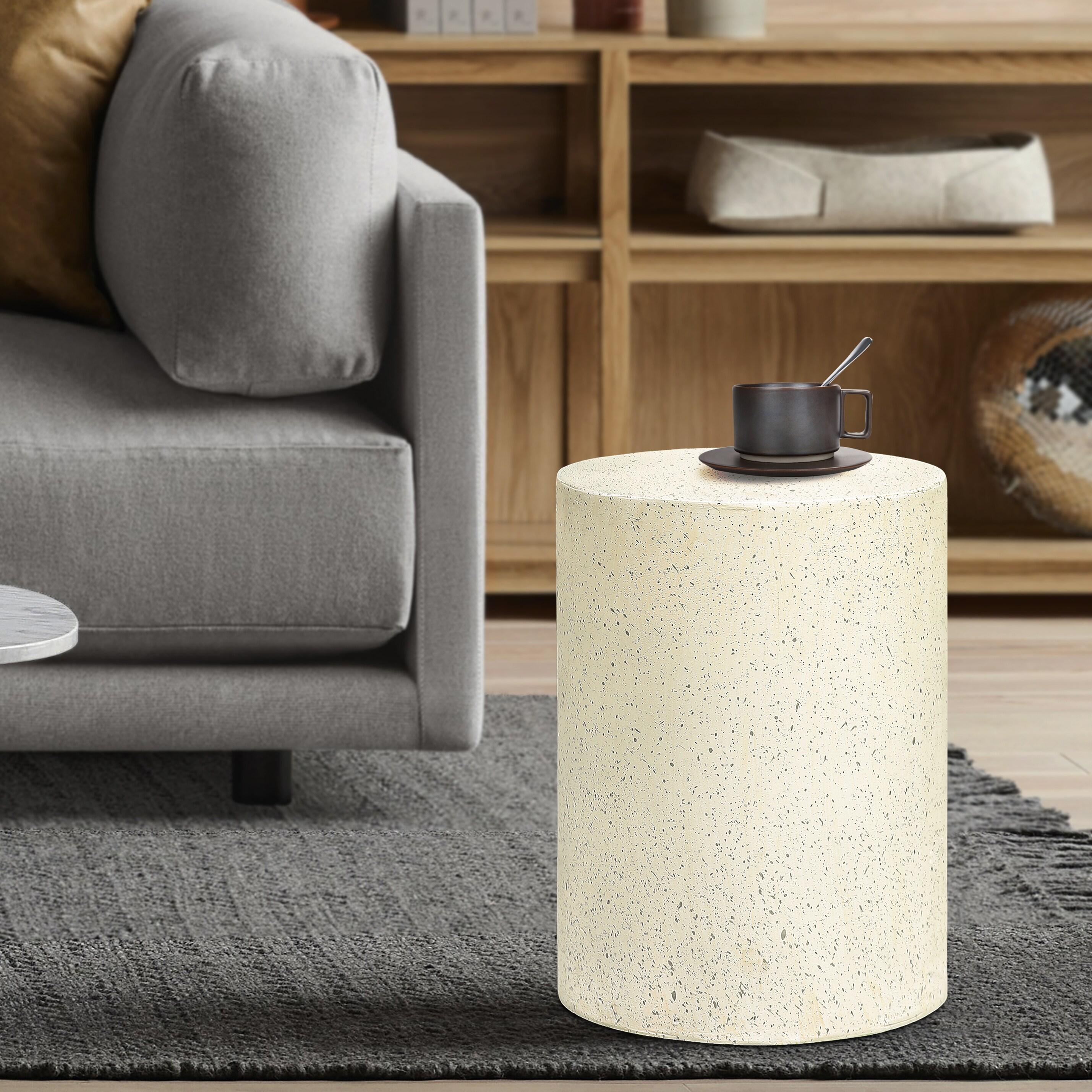 LuxenHome Patio Side Table, 18'' Cream with Speckled Gray Cement Round End Table,Accent Table for Outdoor Indoor, Garden Stool Plant Stand Off-White
