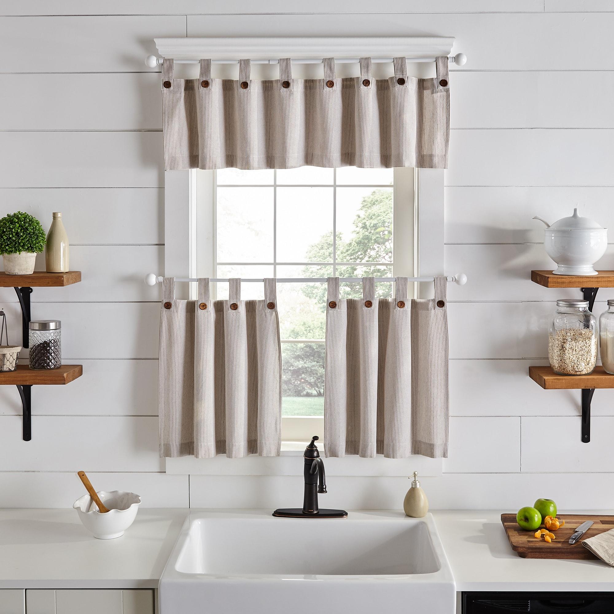 Tucker Ticking Stripe Button Tab Top Window Kitchen Valance - 60" x 15" - Linen - Elrene Home Fashions