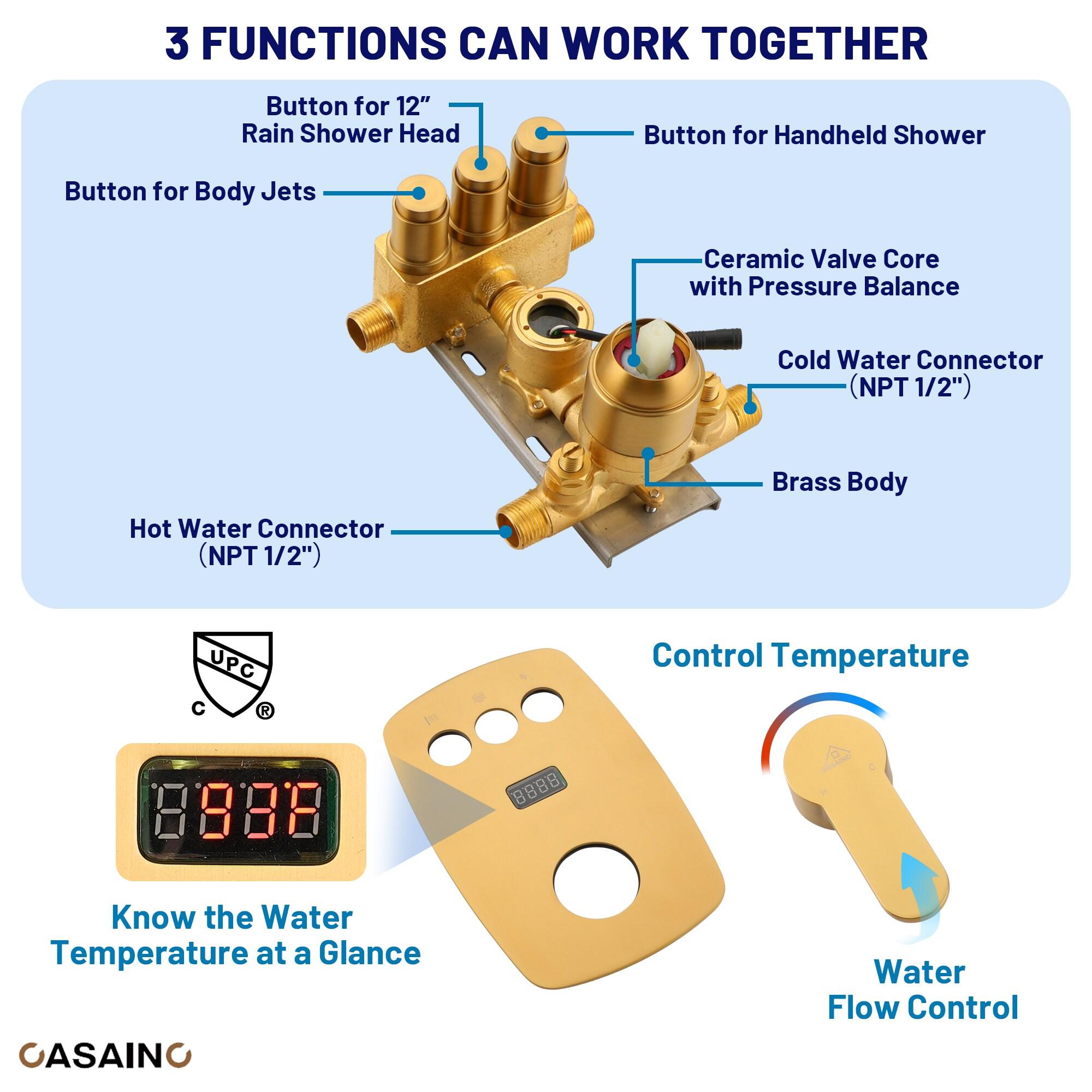 3-Function 12 Inch Temperature Digital Display Shower System With 2-Setting Slider Bar Handheld And 4Pcs Body Jets