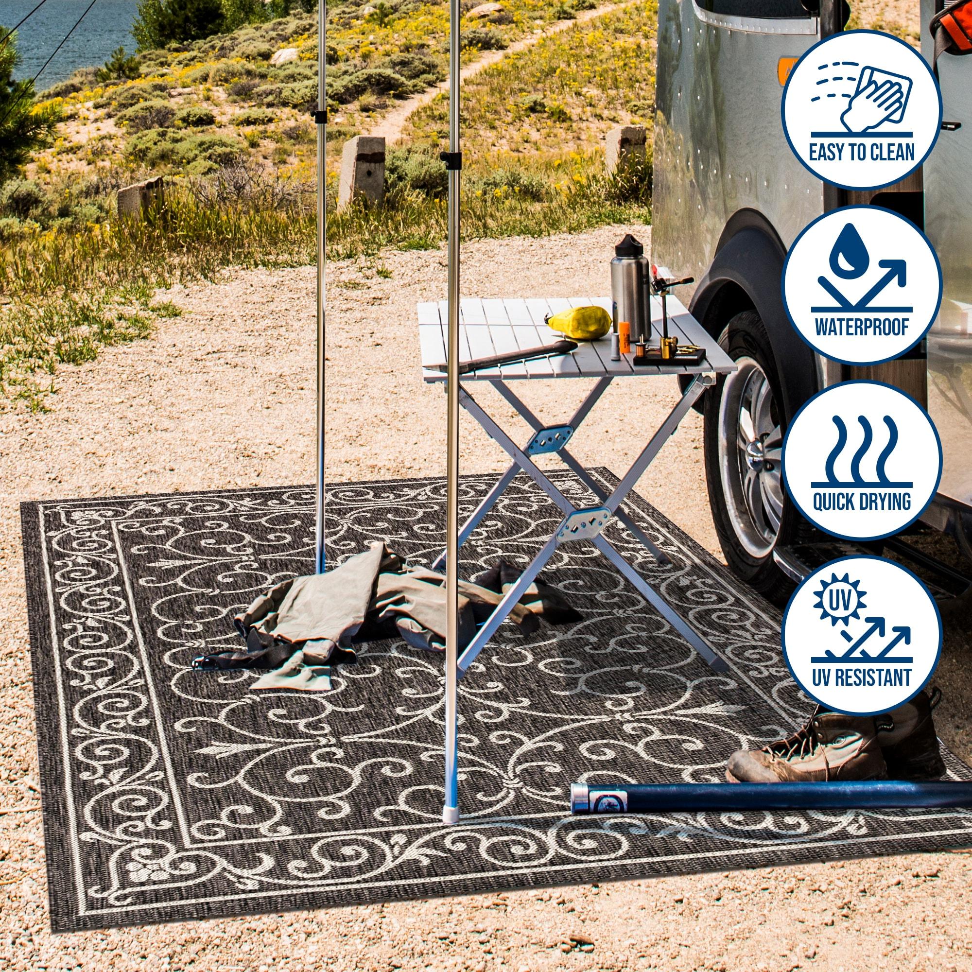 4'x6' Charleston Vintage Filigree Textured Weave Indoor/Outdoor Area Rug, Black/Gray - JONATHAN Y