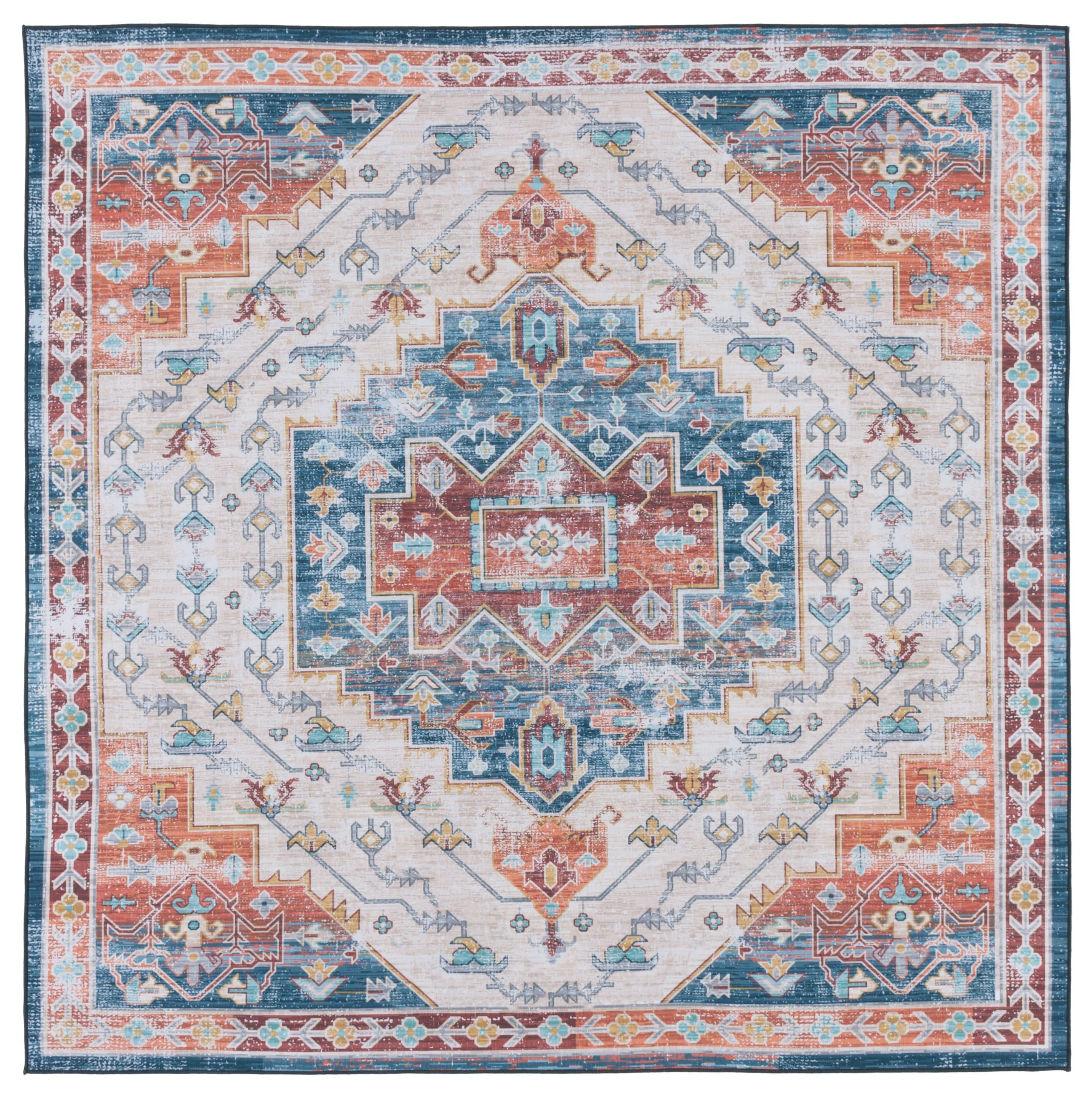 Tucson TSN116 Power Loomed Machine Washable Area Rug - Blue/Rust - 6'x6' - Safavieh.