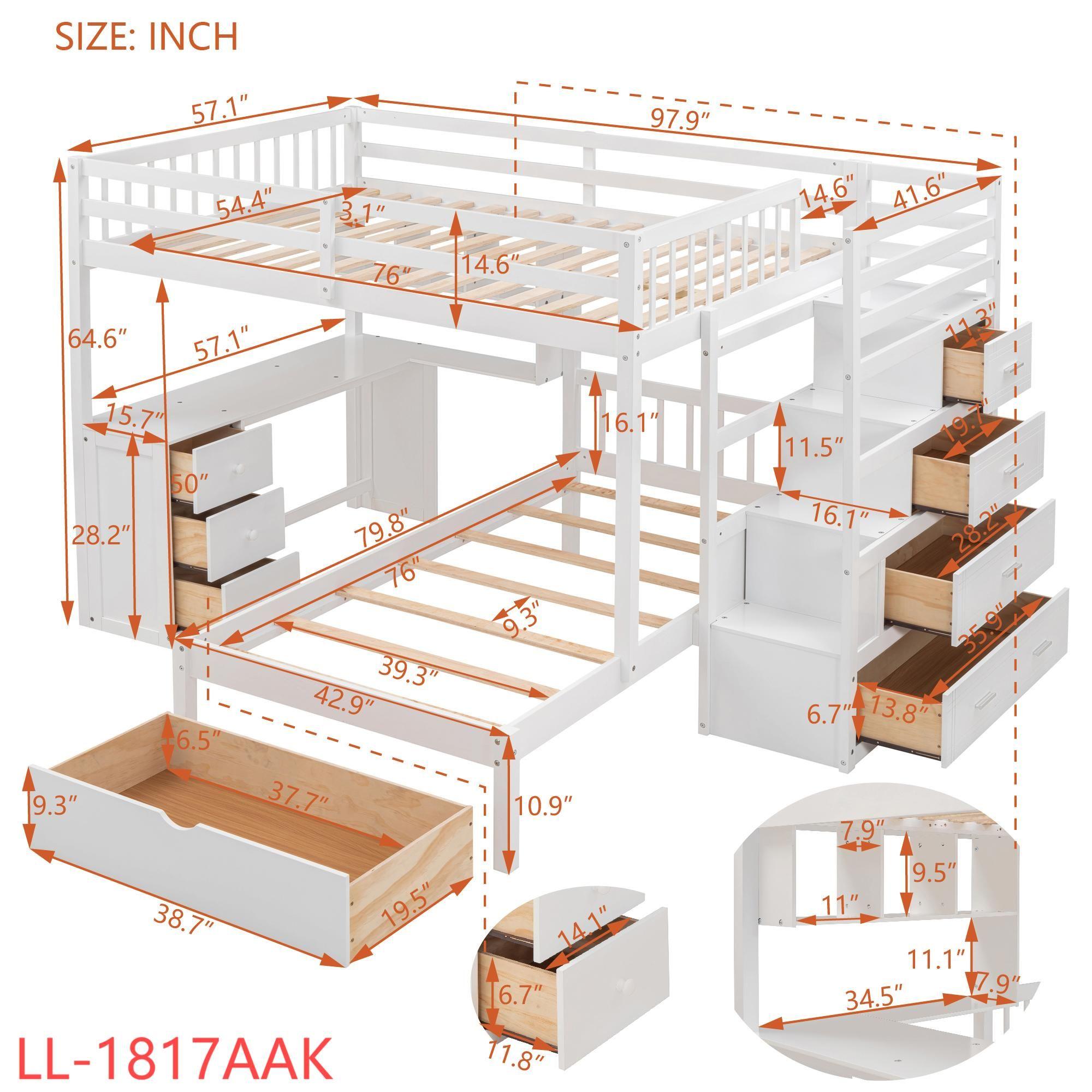 Harper & Bright Designs Full Over Twin Bunk Bed with Stairs, Storage Drawers, Full Size Loft Bed Frame with Desk and Shelves, White