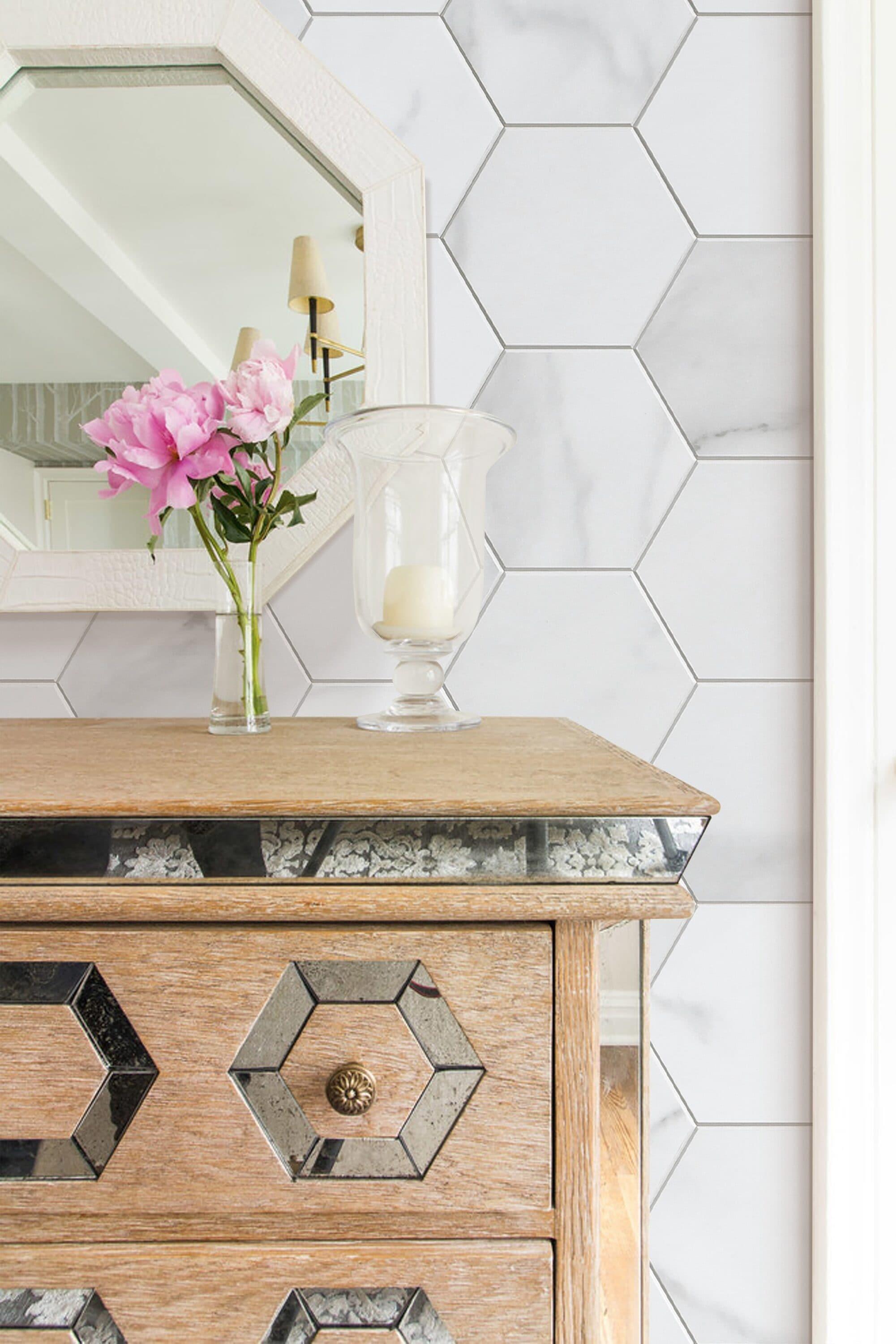 Hexagon White Stone Composite Peel and Stick Backsplash Tiles