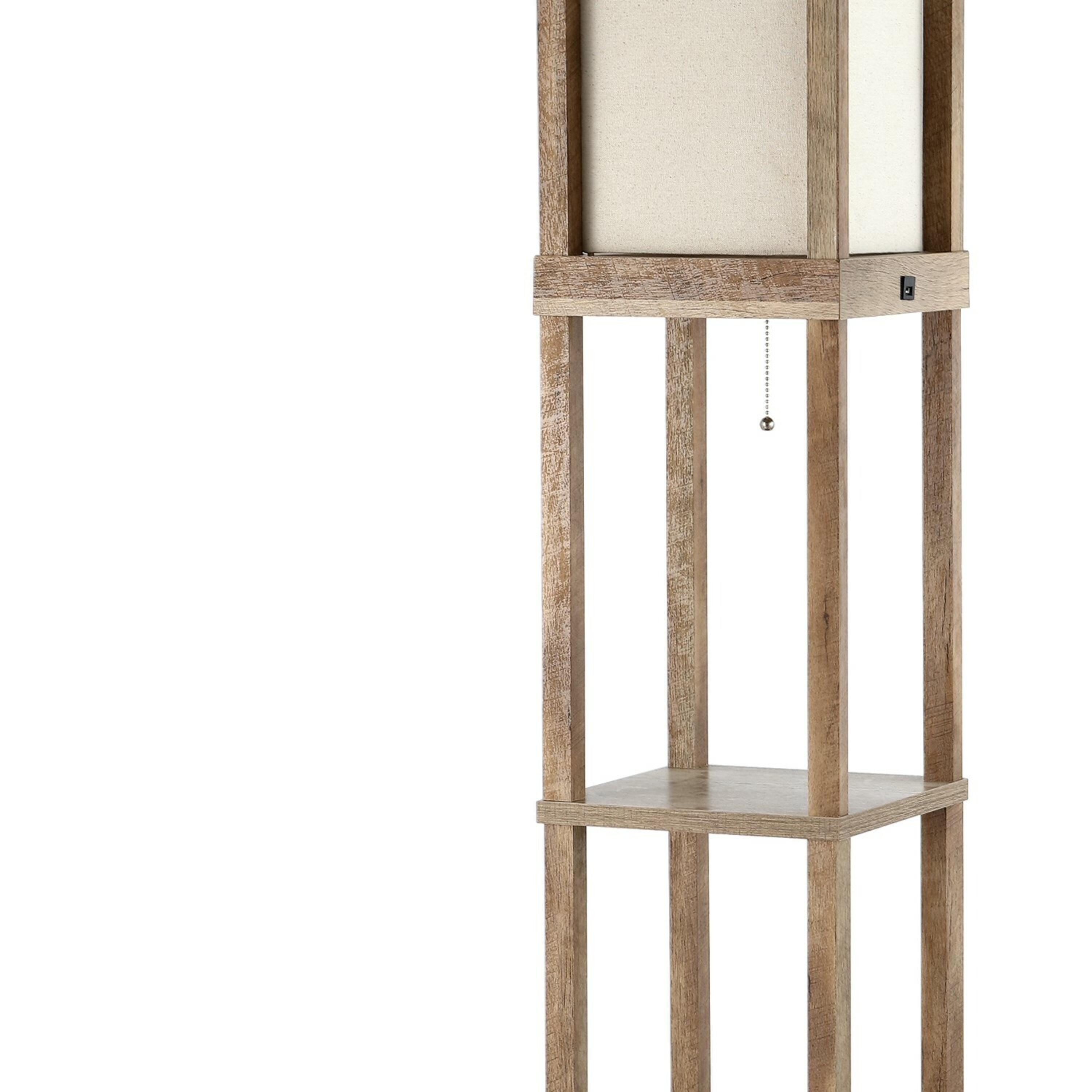 Etagere 63.5" Rustic Bohemian Wooden LED 3-Shelf Floor Lamp with Pull-Chain, USB Charging Port and Smart Bulb, Brown