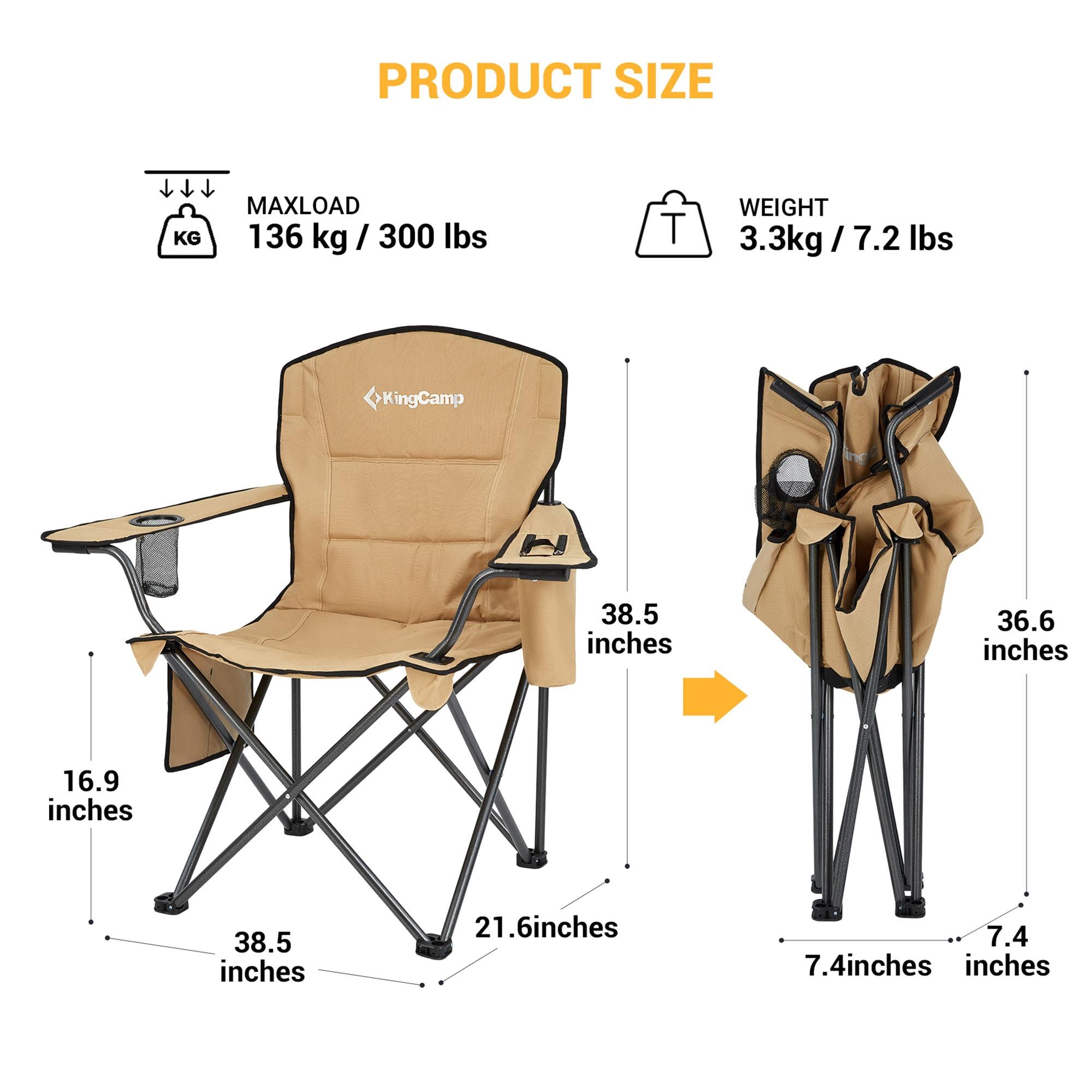 KingCamp Padded Portable Outdoor Folding Lounge Chairs with Built-In Cupholder, Insulated Cooler Sleeve, and Side Storage Pocket, Khaki (2 Pack)