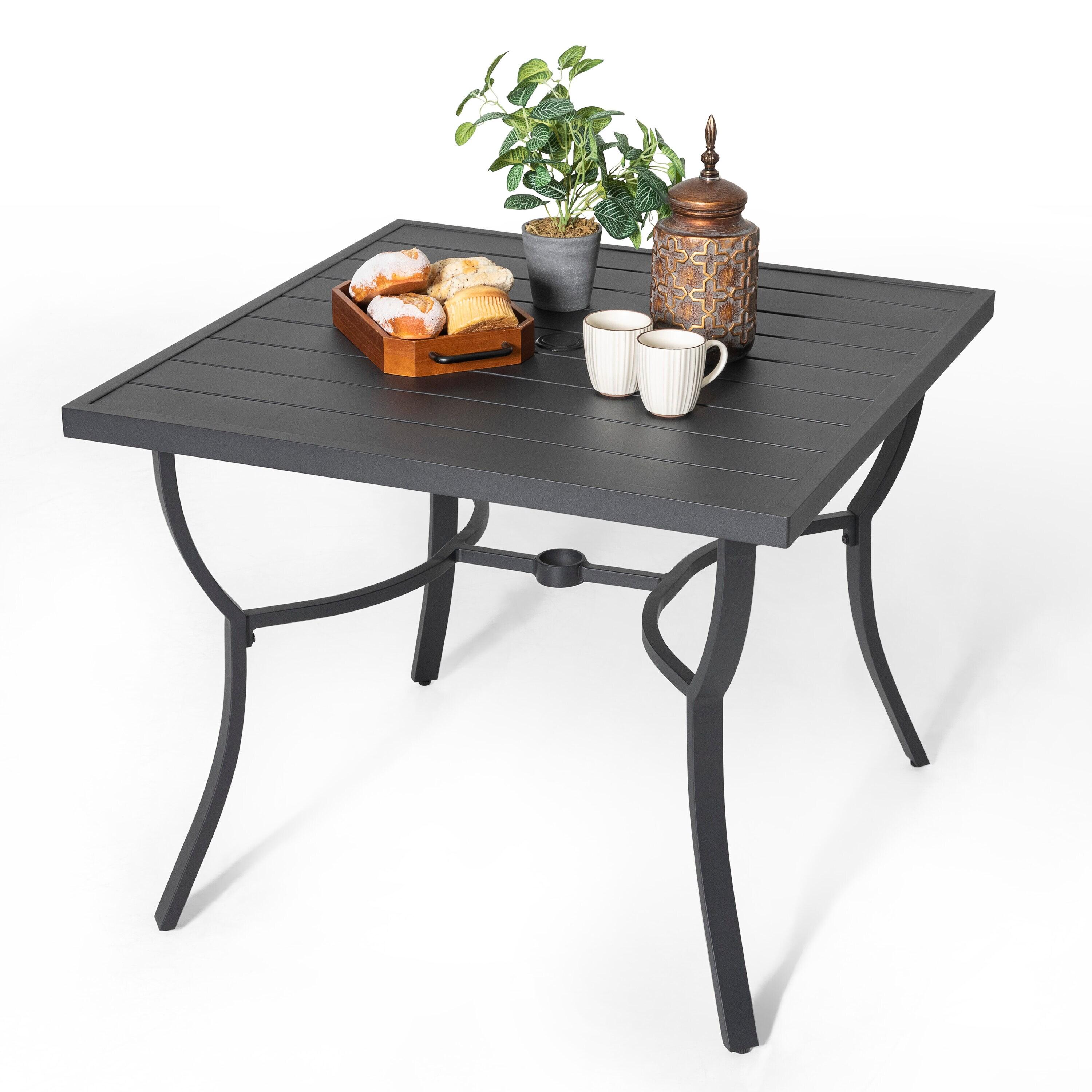 Nuu Garden Cast Aluminum All-Weather Square Outdoor Dining Table with Umbrella Hole, Black