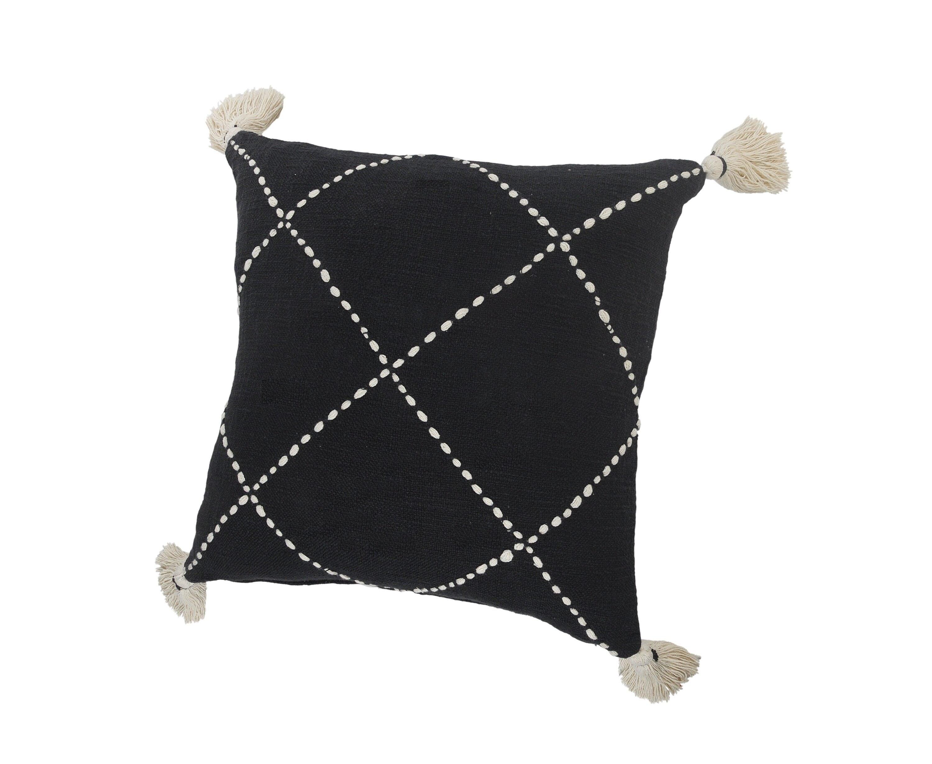 Geometric Black and White Embroidered Tassel Throw Pillow 20x20