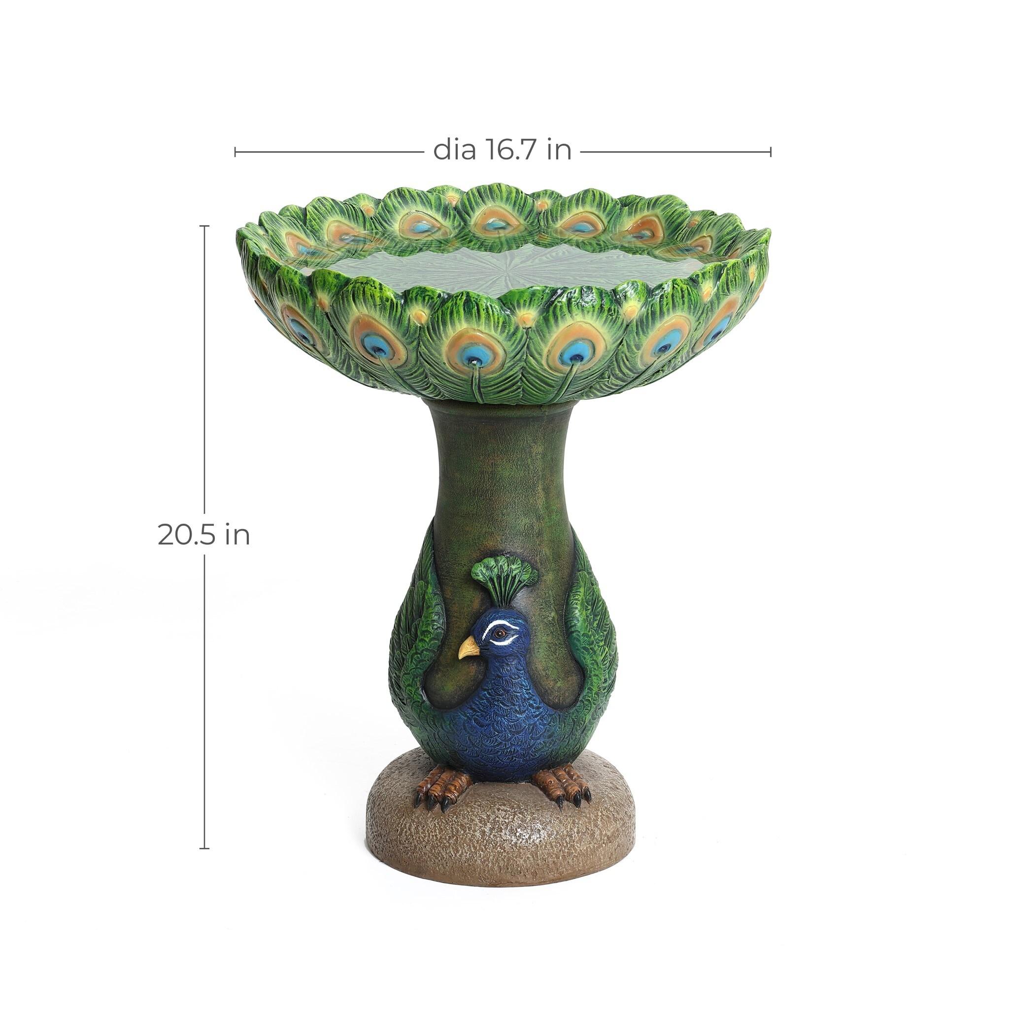 LuxenHome 20" Elegant Tall Peacock Outdoor Resin Bird Bath with Elegant Feather Basin for Garden, Patio Multicolored