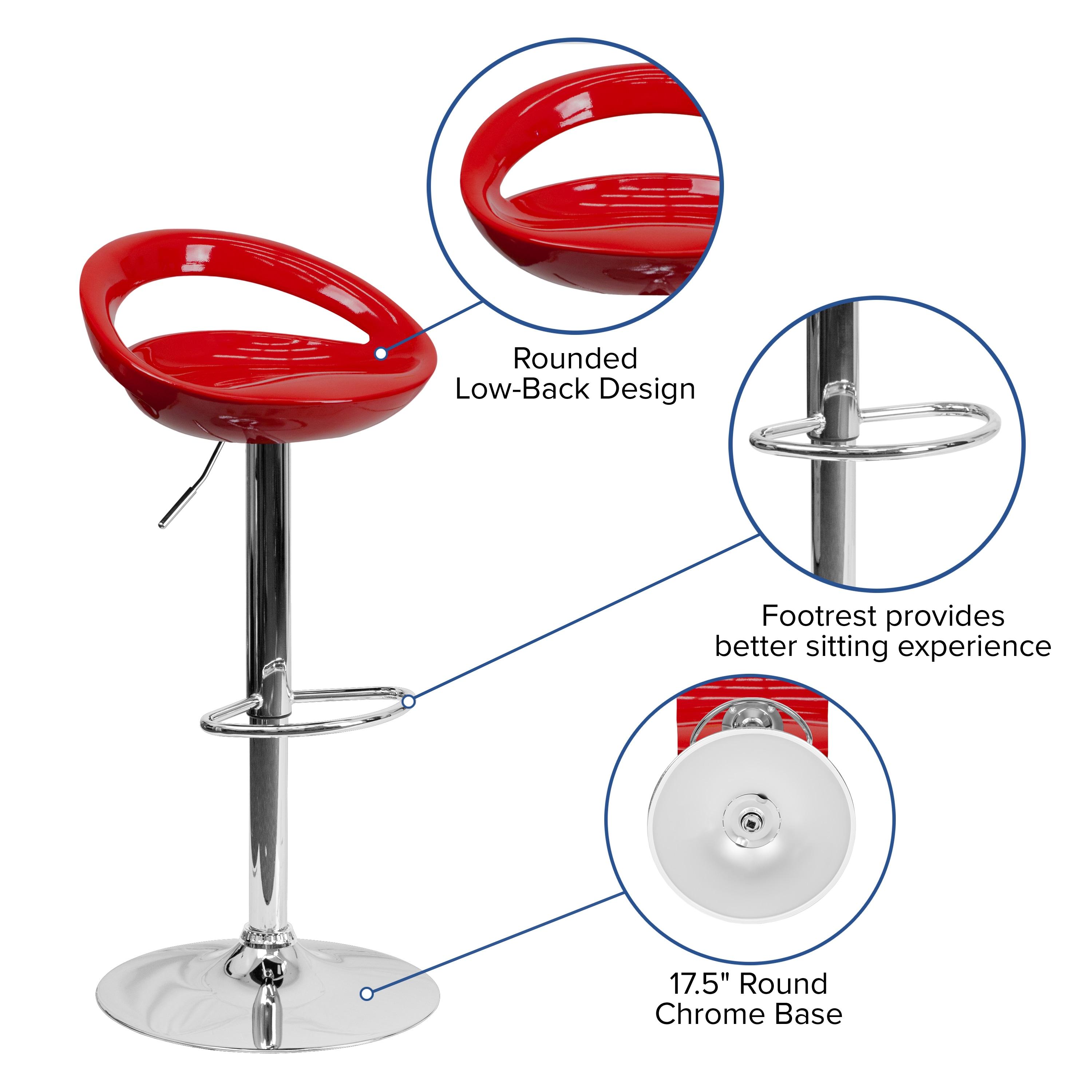 Flash Furniture Contemporary Red Plastic Adjustable Height Barstool with Rounded Cutout Back and Chrome Base