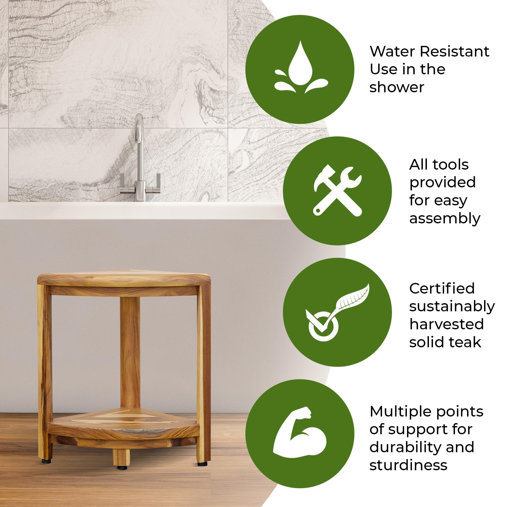 12" SnazzyCorner ED980 Wide Teak Shower Bench with Shelf - EcoDecors