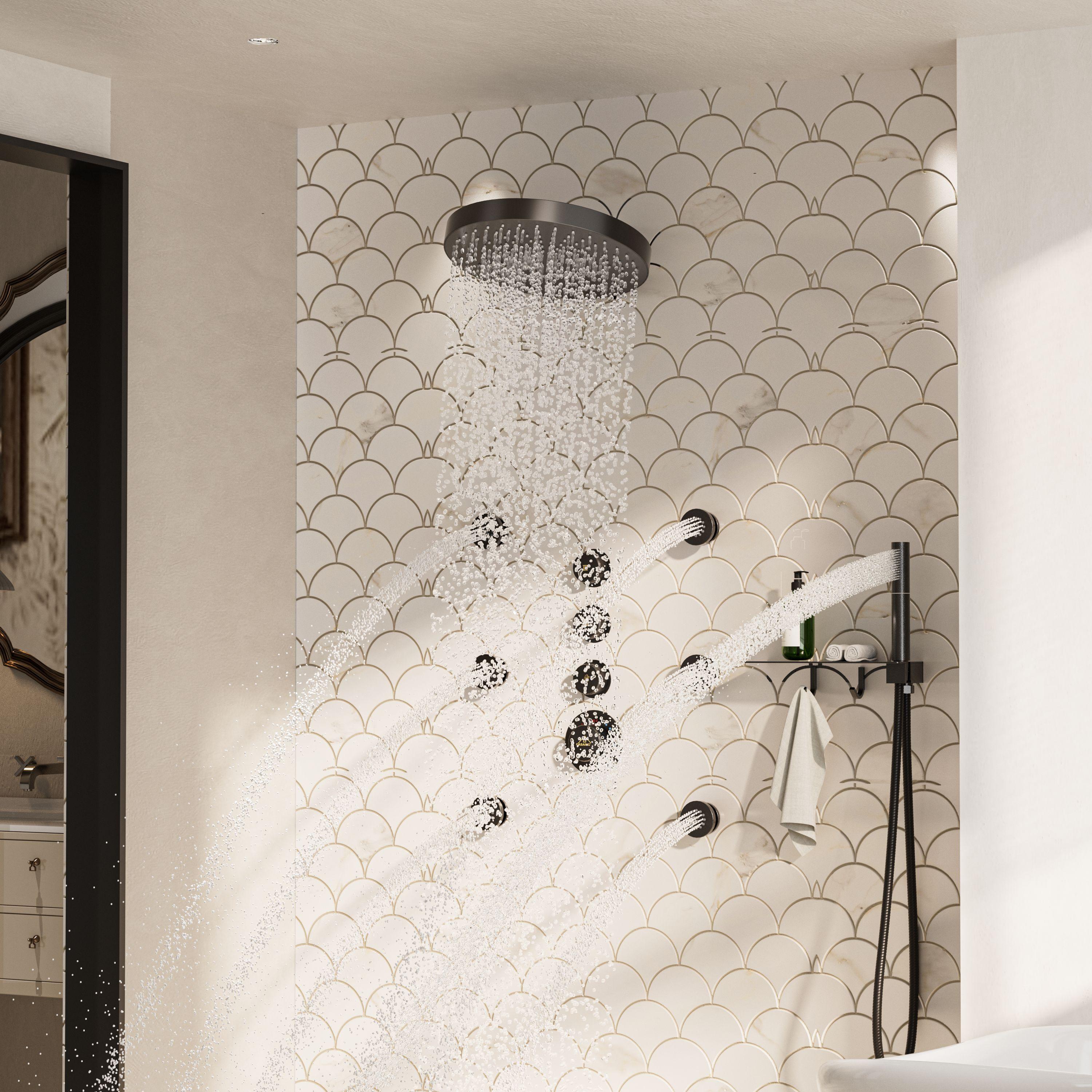 CASAINC KCHS0005-12MB Rainfall Thermostatic Shower System with Body Jets, 2-Sprays Shower Head and a Shelf
