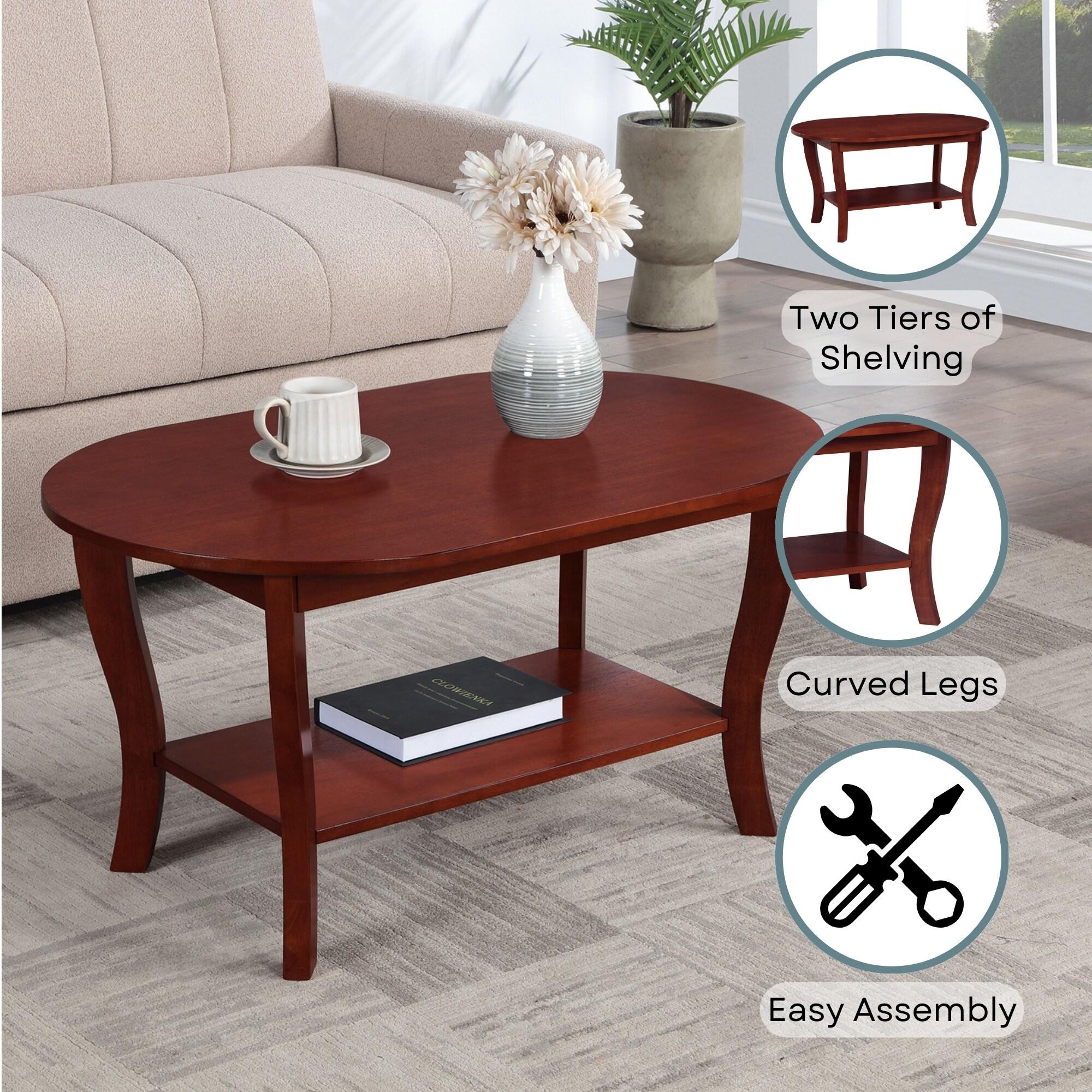 American Heritage Oval Coffee Table with Shelf in Mahogany Wood Finish