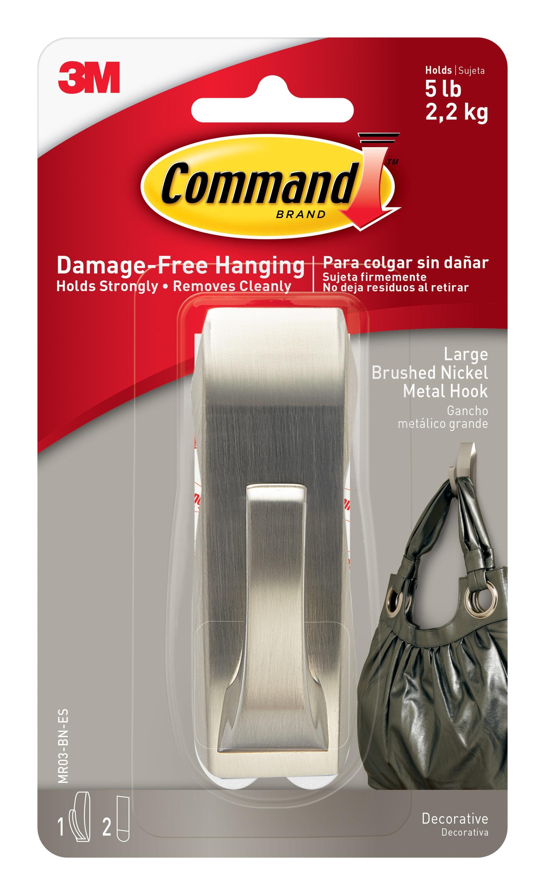 Command 2 Strips Large Sized Modern Reflections Hook Brushed Nickel: Metal Towel Hook, 5 lb Capacity, Silver