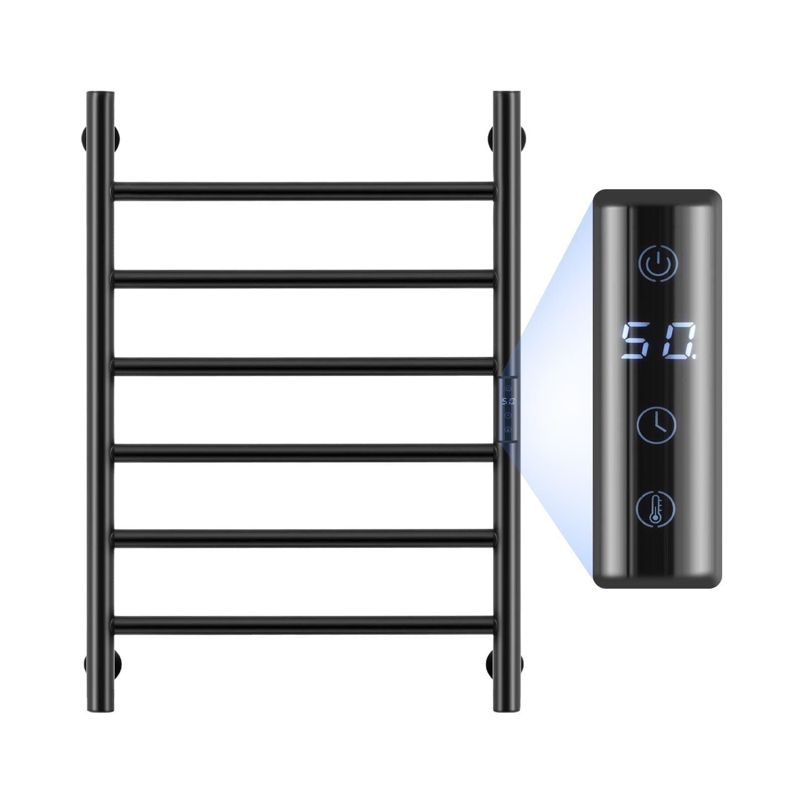 VEVOR 6 Bars Towel Warmer Rack, Wall Mounted Heated Towel Rack for Bathroom, IPX5 Waterpoof Towel Heater Rack with Timer & Display Screen, Black